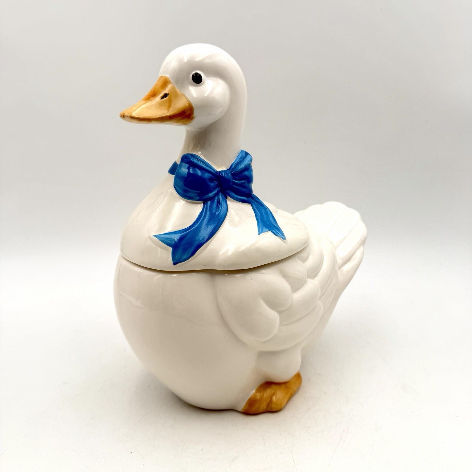 Vintage Country Goose Blue Bow Ceramic Cookie Jar Cottage Core Grandma  11in