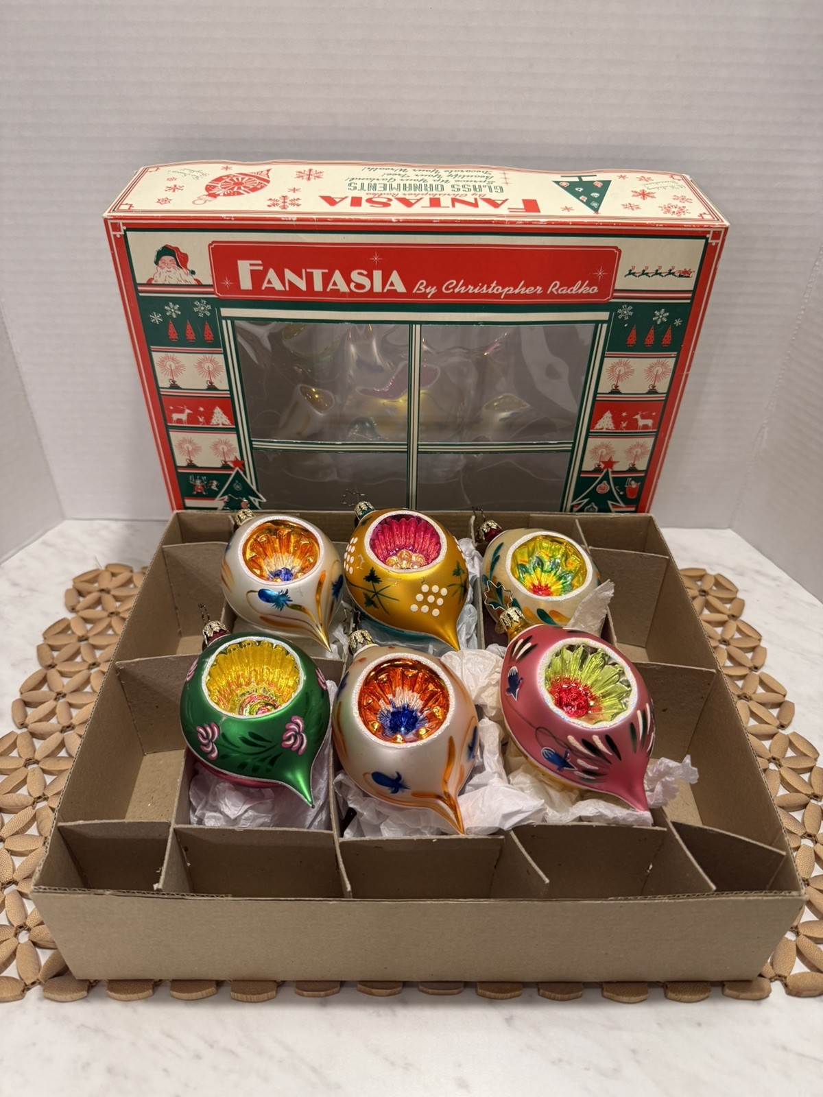 Vintage Radko Fantasia Floral Tapestry Indent Teardrop Ornaments Boxed Set 6