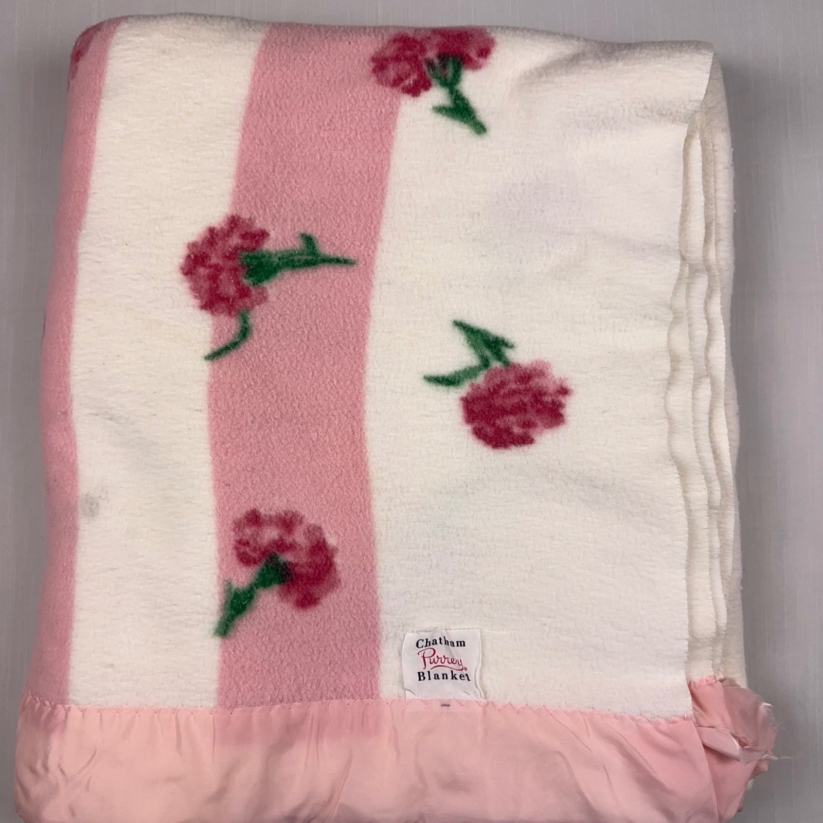 Vintage Chatham Purrey Blanket Pink White Stripe Floral Satin Trim 70x80