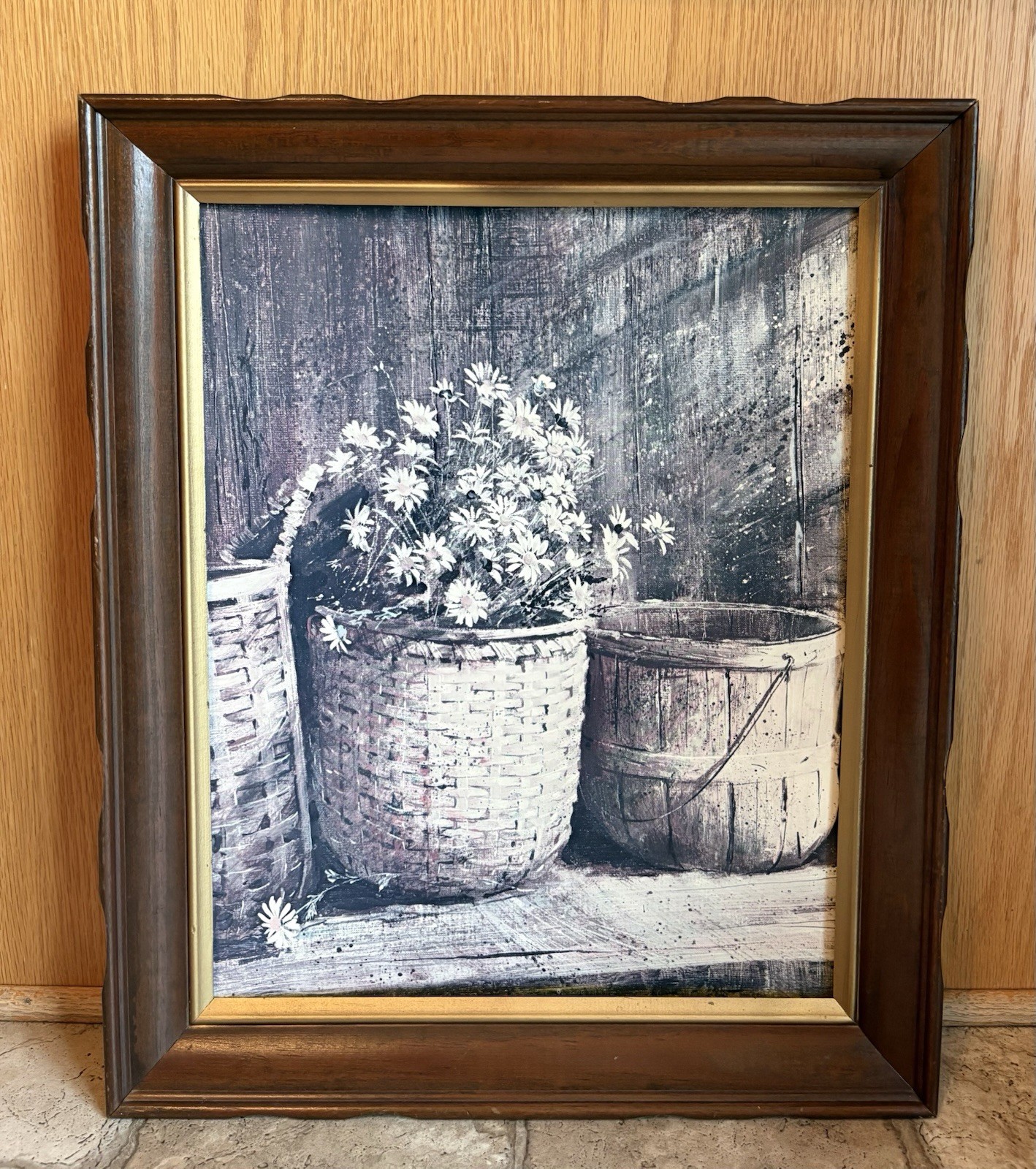 Vintage Lithograph Wood Framed Print Floral Daisies Baskets Barn Scene 23x19
