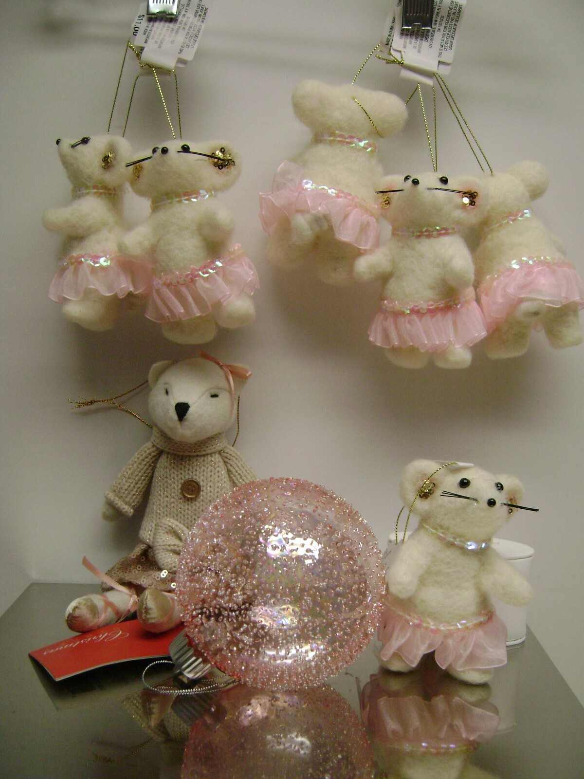 PINK WONDERLAND STORY BOOK BALLERINA FOX & MICE HOLIDAY ORNAMENTS SET 8