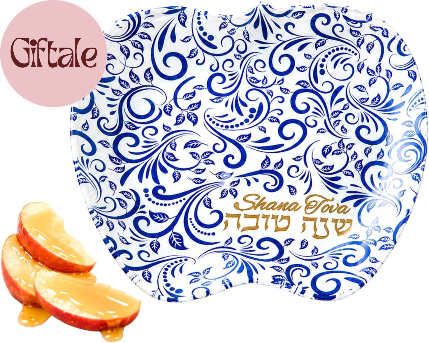 Rosh Hashanah Apple Shaped Honey Dish Glass Blue & Gold Jewish New Year Judaica Rosh Hashanah Apple Shaped Honey Dish Glass Blue & Gold Jewish New Year Judaica