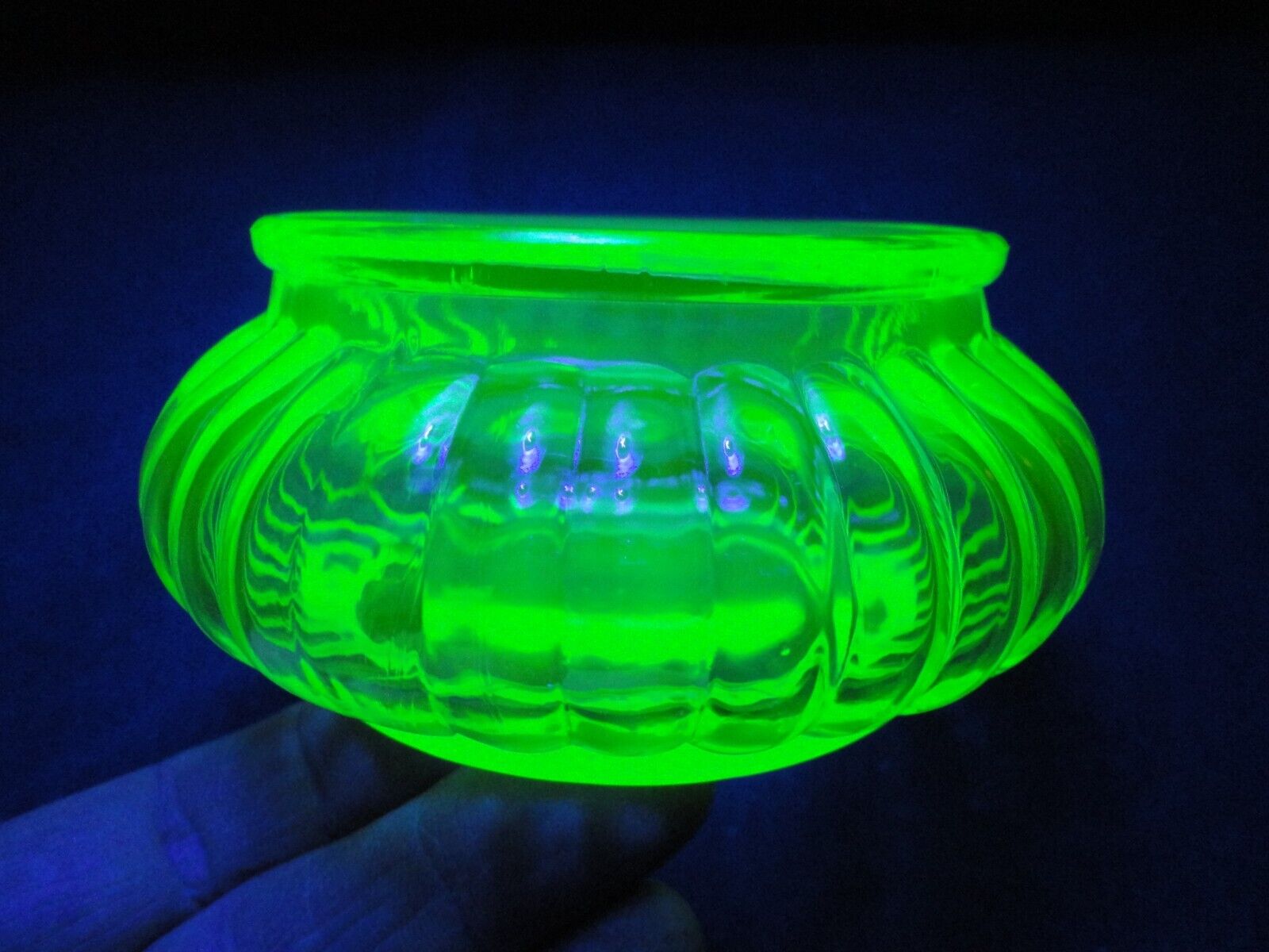 Uranium Glass Vaseline Small Green Ribbed  Fish Bowl  Strong U. V. Light Glow