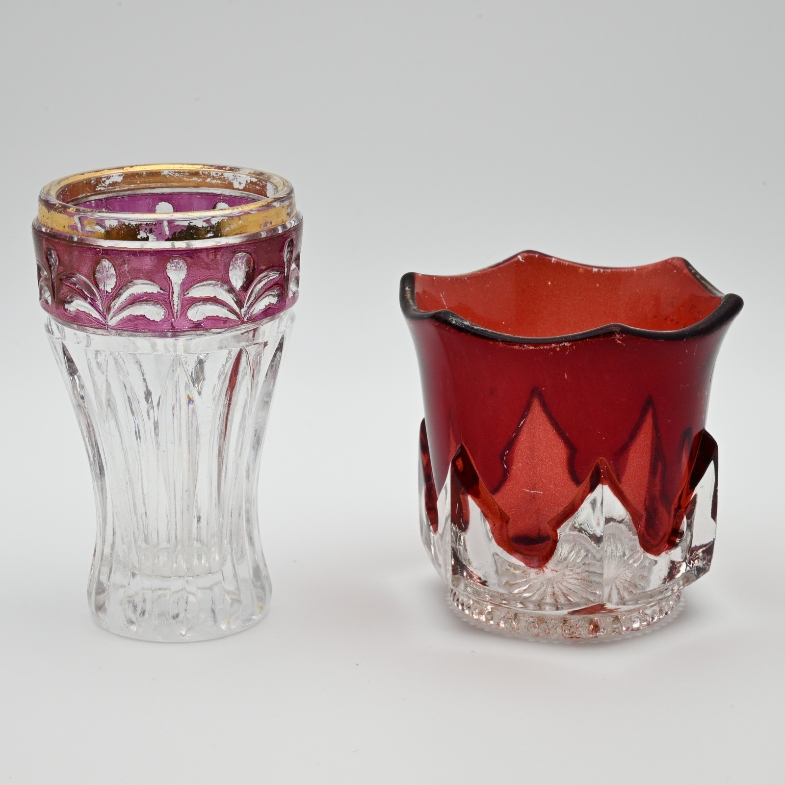 Vintage Ruby Stained Souvenir Glass Toothpick Holder and Bud Vase Set 2pc
