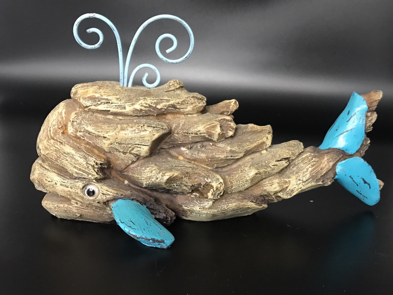 Resin Whale Figurine Metal Spout Whimsical Chunky Brown Teal Distressed 9”