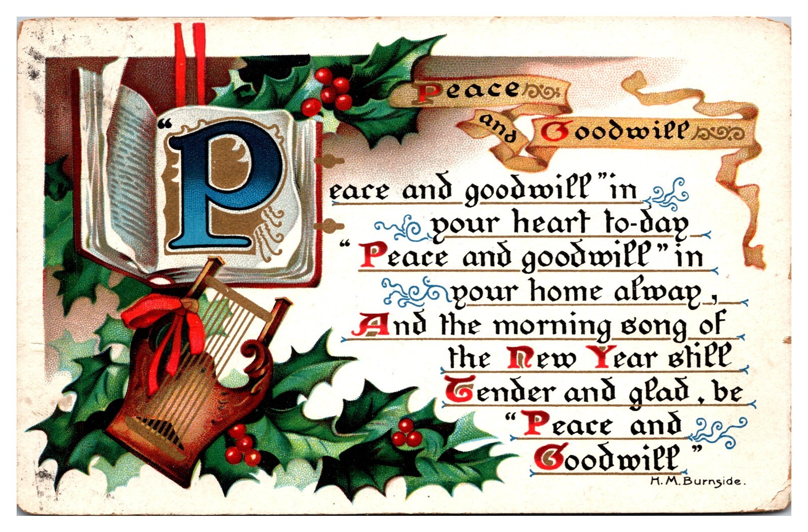 1908 Peace and Goodwill, New Year, Yuletide, Greetings Postcard