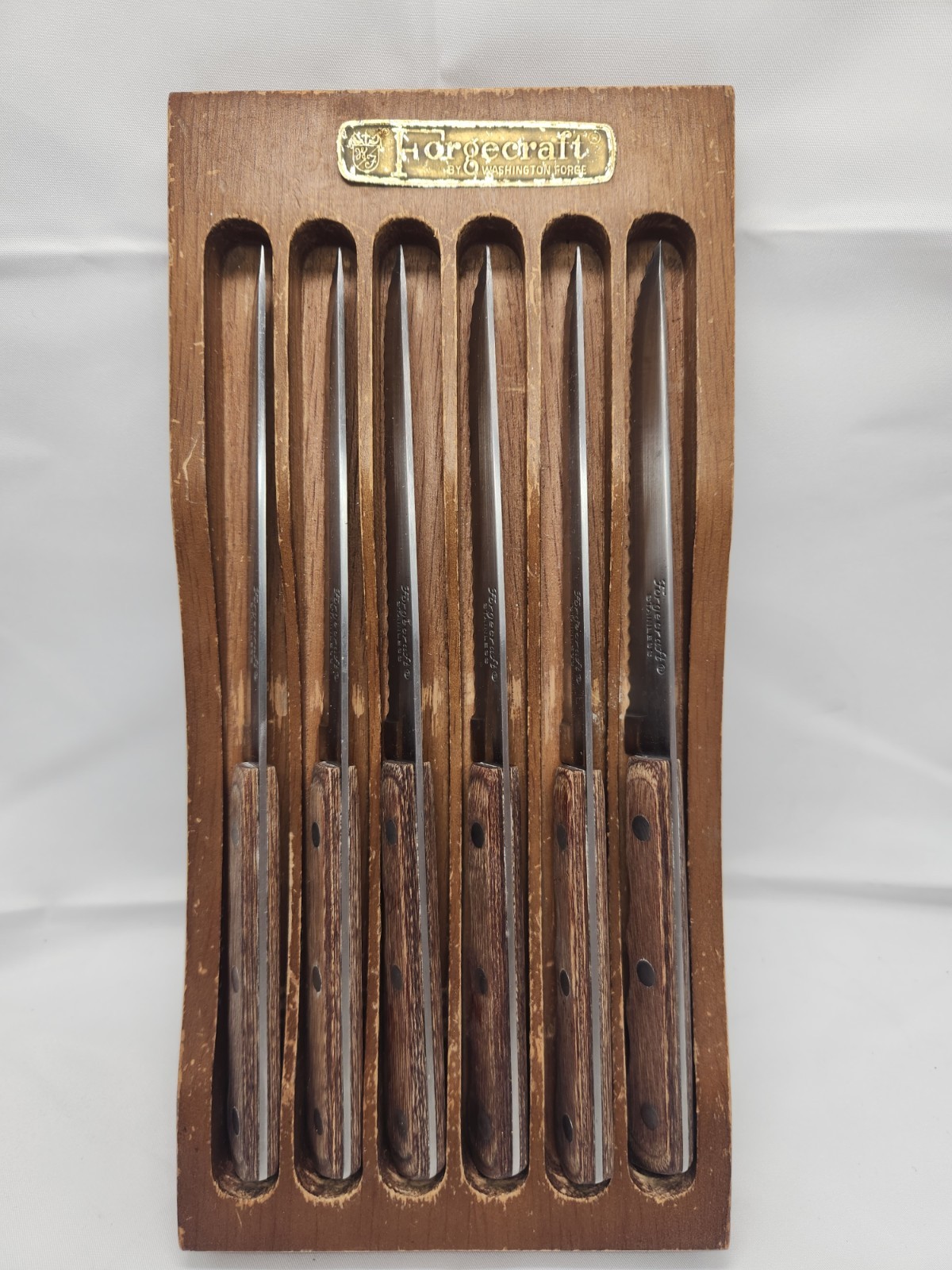 Vintage 1960s Forgecraft Set of 6 Stainless Steel Steak Knives w/Wooden Holder