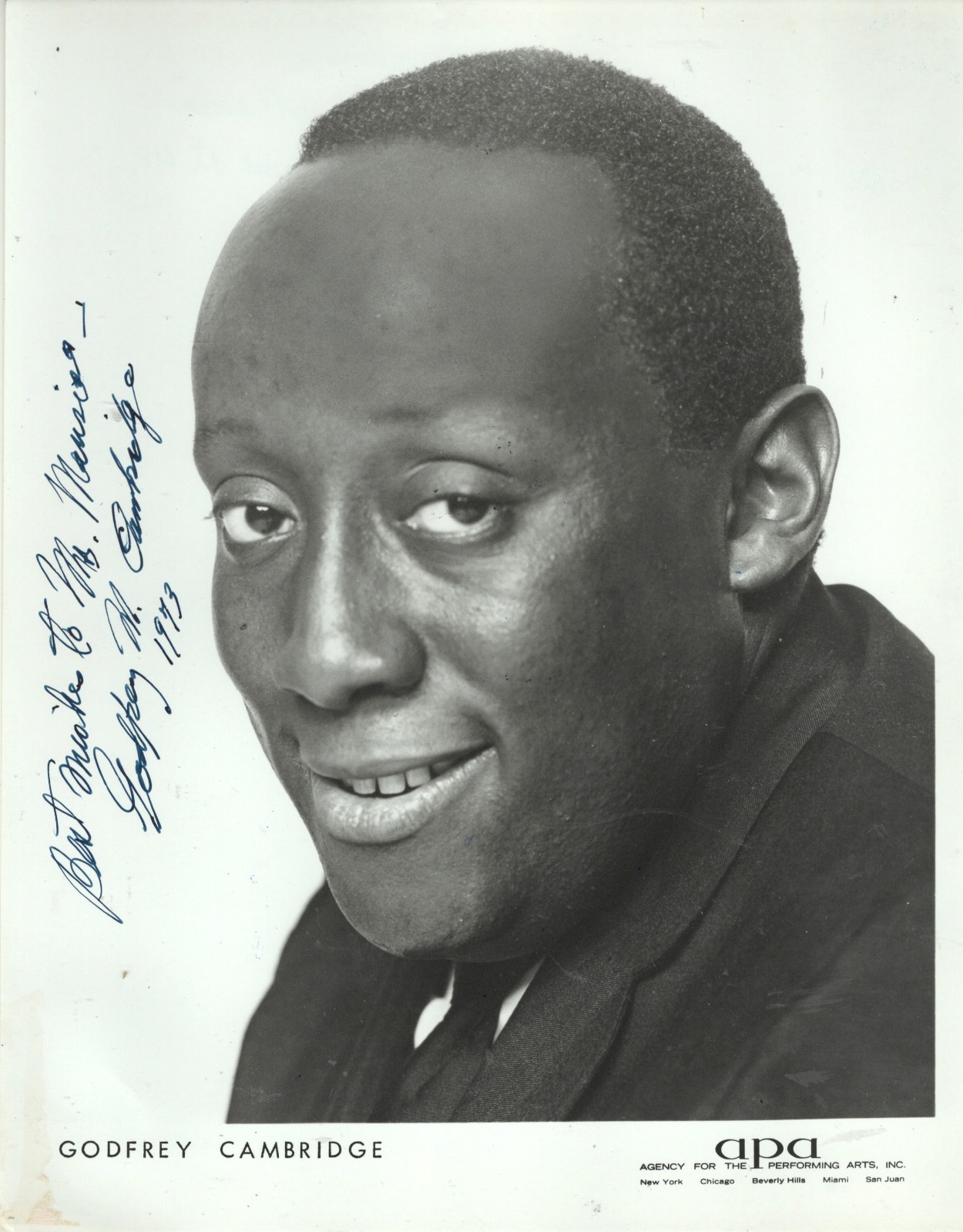 AMERICAN  FILM-TV STAND-UP COMIC, ACTOR GODFREY CAMBRIDGE, SIGNED VINTAGE PHOTO.