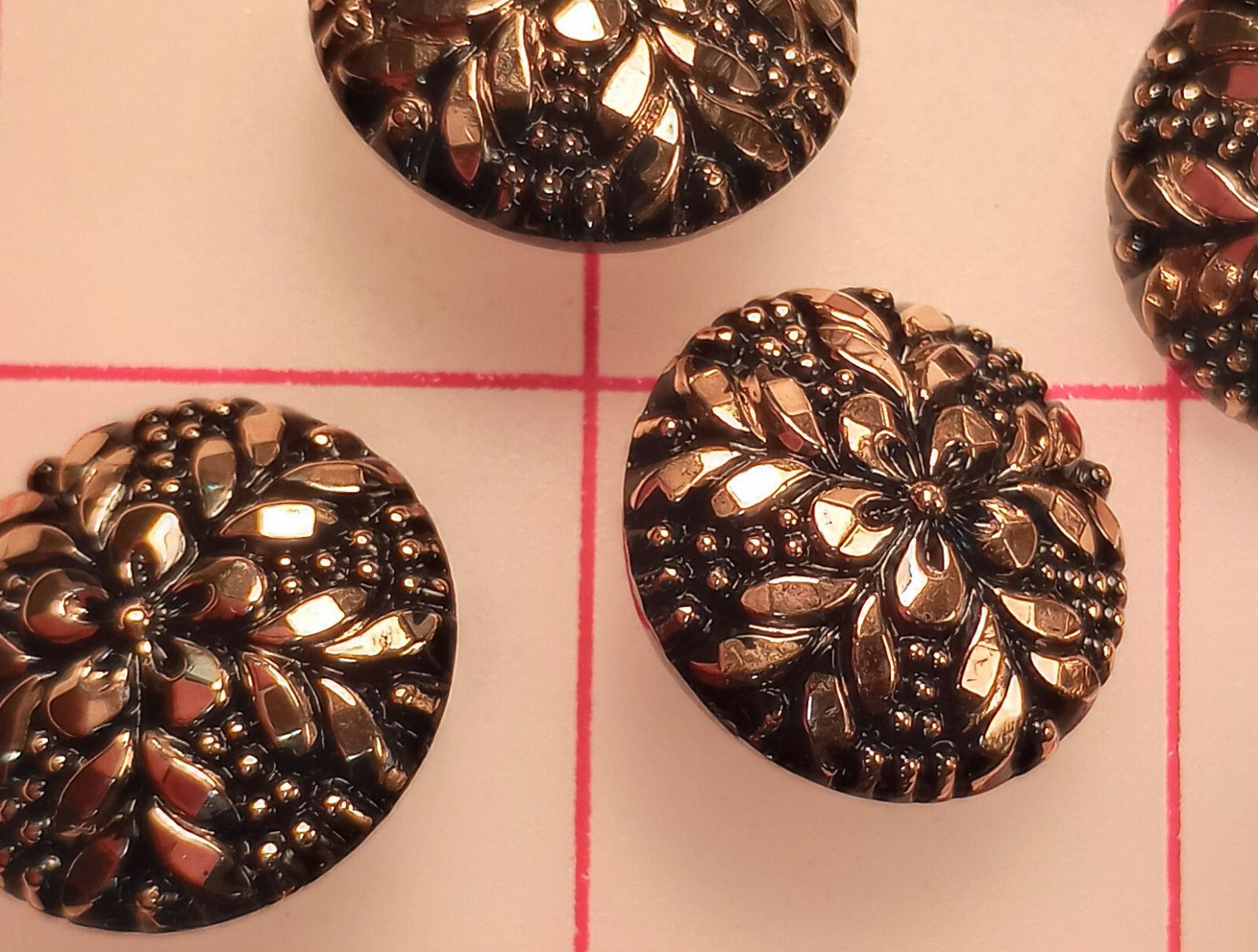 4 Magnificent Vintage Floral Czech Glass Buttons Black and Gold  15/16\