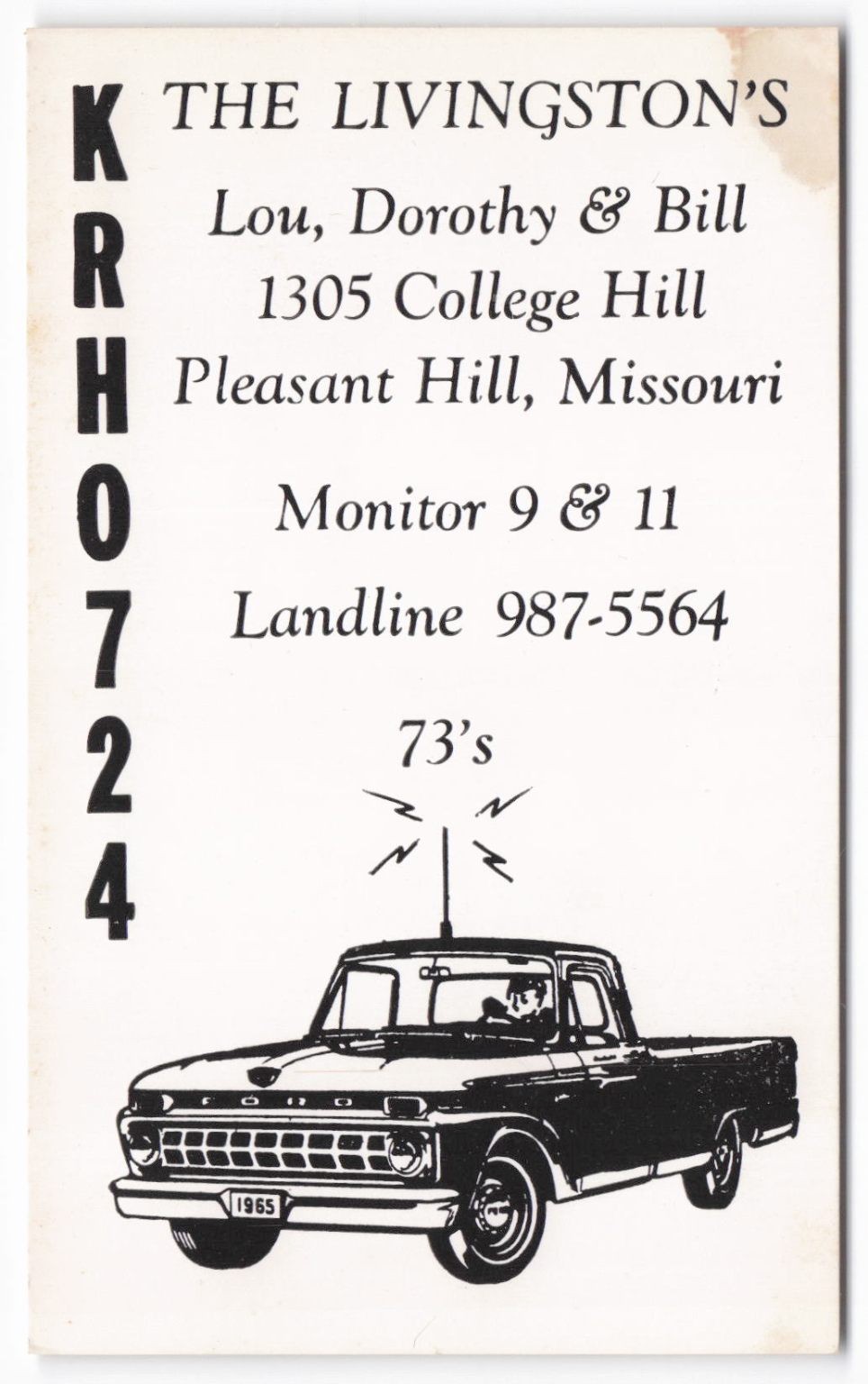 1965 Pleasant Hill, Missouri CB Radio QSL Card - The Livingston's Pickup Truck