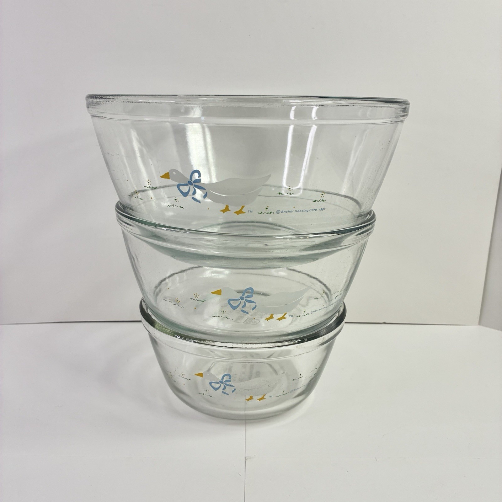 VTG Anchor Hocking 3Pc White Goose Print Cottage Core Glass Nesting *CHIPS READ*