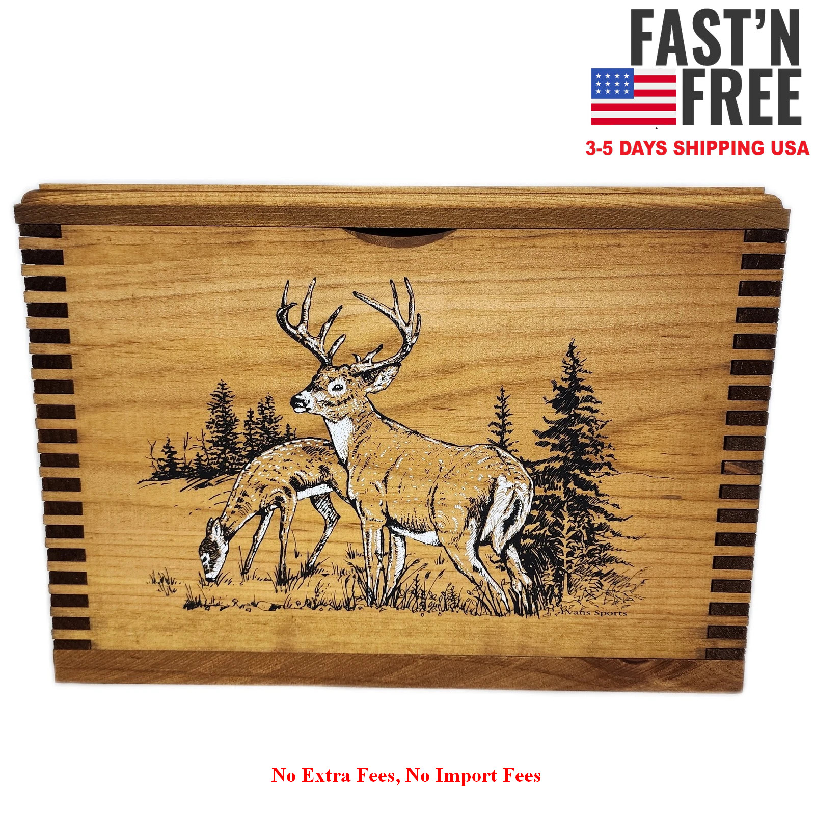 Evans Sports Whitetail Deer Ammo Box,Solid Pine Notched Finger-Joint 14.5x9x10in