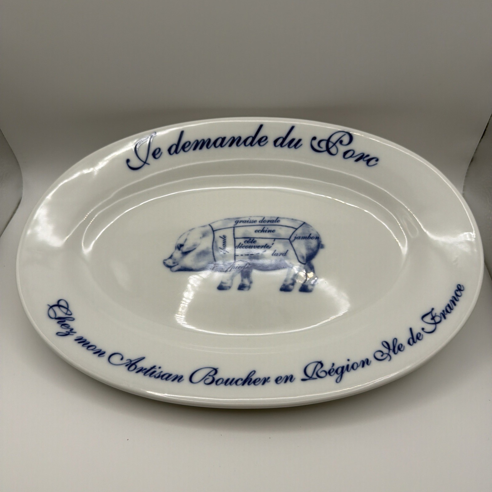 Williams Sonoma ~ French  Je demande du Porc Blue PIG Serving Plate Platter