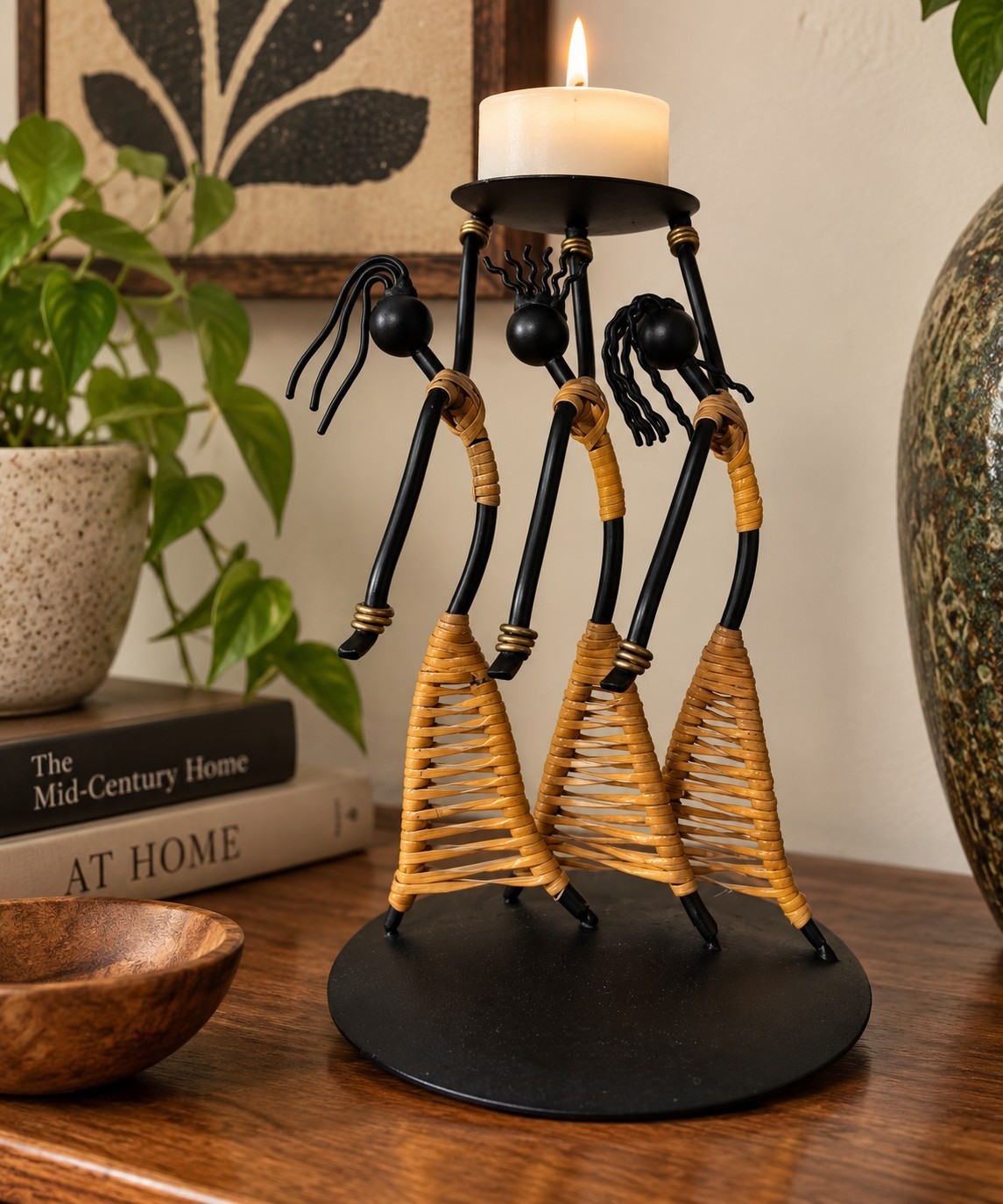Vintage Mid-Century Laurids Lønborg-Style Rattan Dancer Candle Holder
