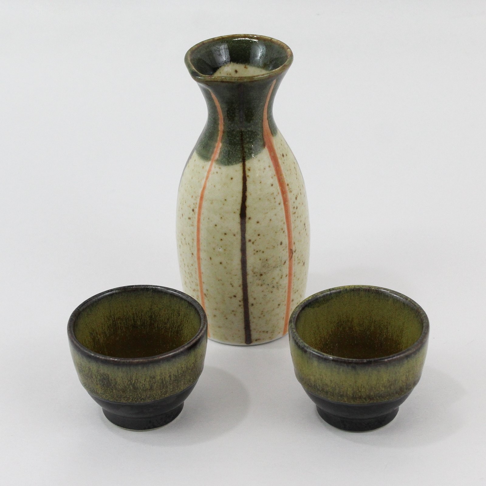 3 Piece Japanese Sake Set  Flask And 2 Cups Beige Speckled And Olive Green