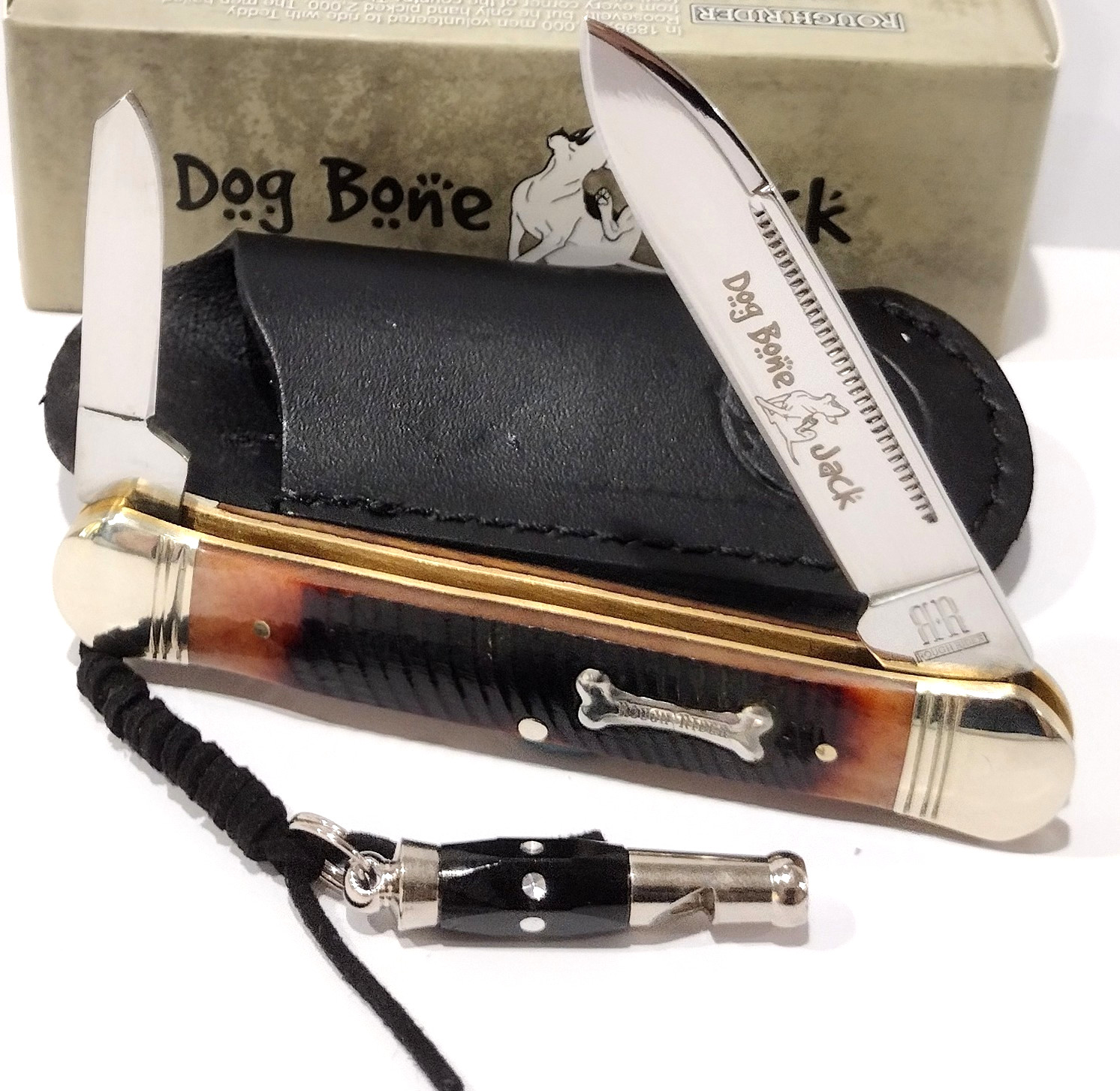 Rough Rider Dog Bone Jack Muskrat Whistle Leather Sheath Pocket Knife RR1185
