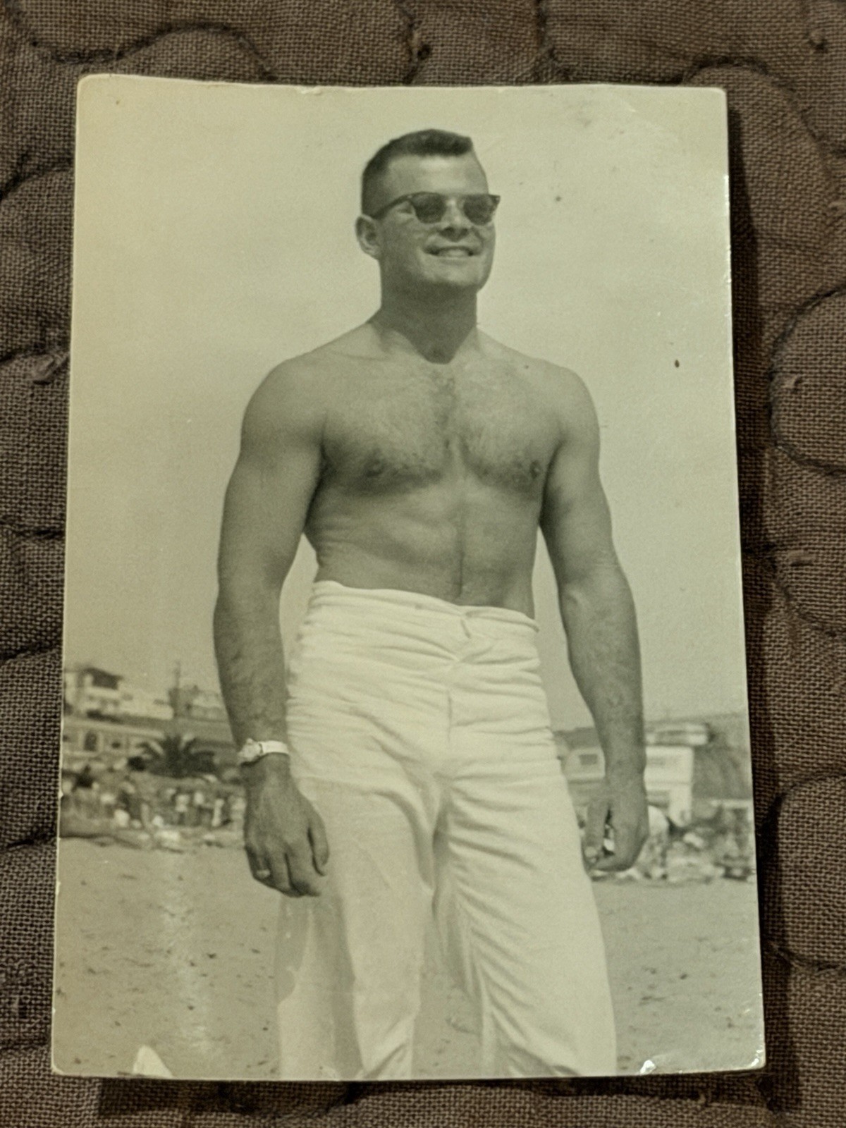 Shirtless Hunk Beach Man Hairy Muscle Chest Vintage Photo Ripped Stud Dad