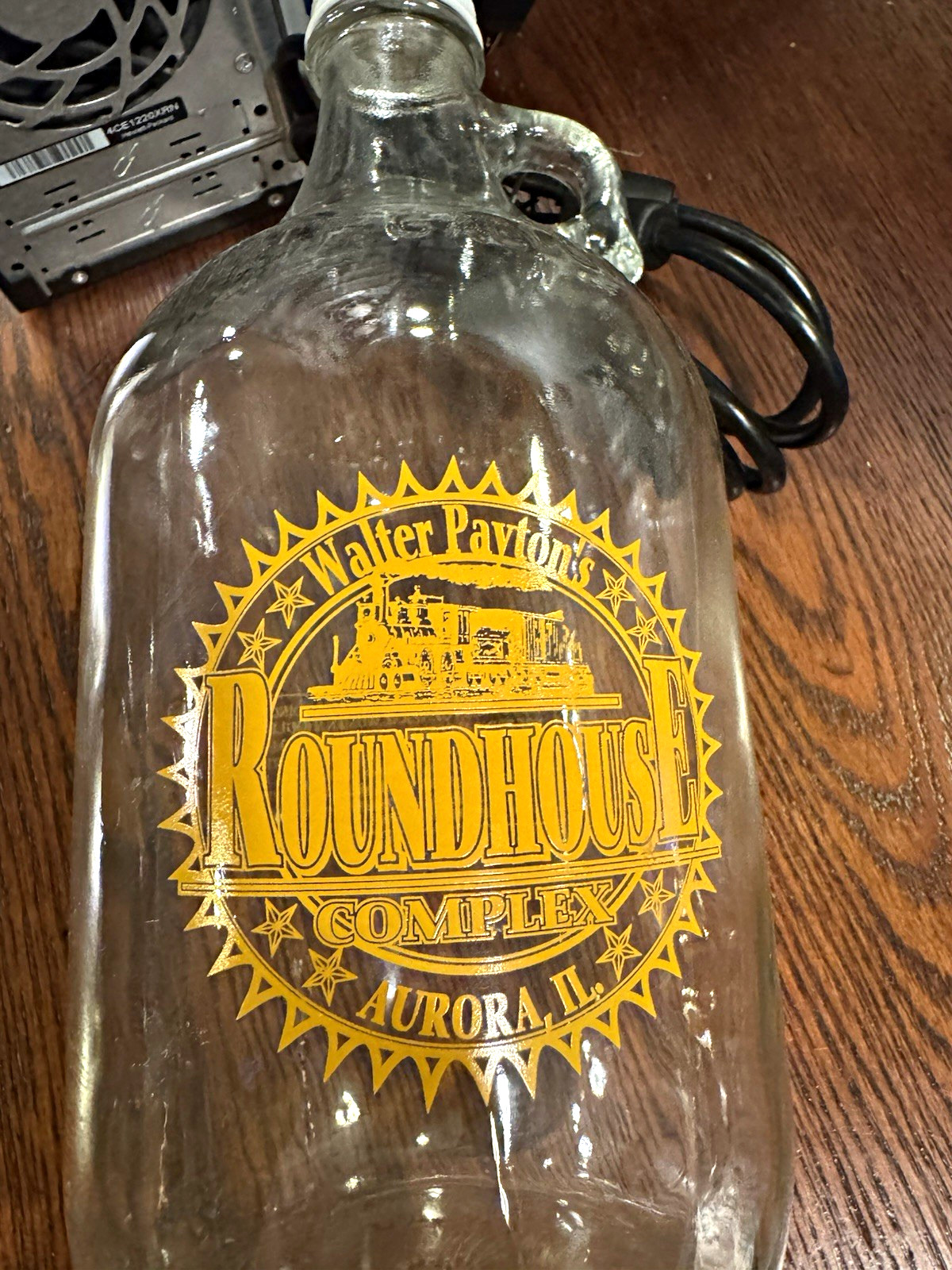 Walter Payton's Roundhouse Complex Aurora IL Clear Glass Gallon Jug Bottle