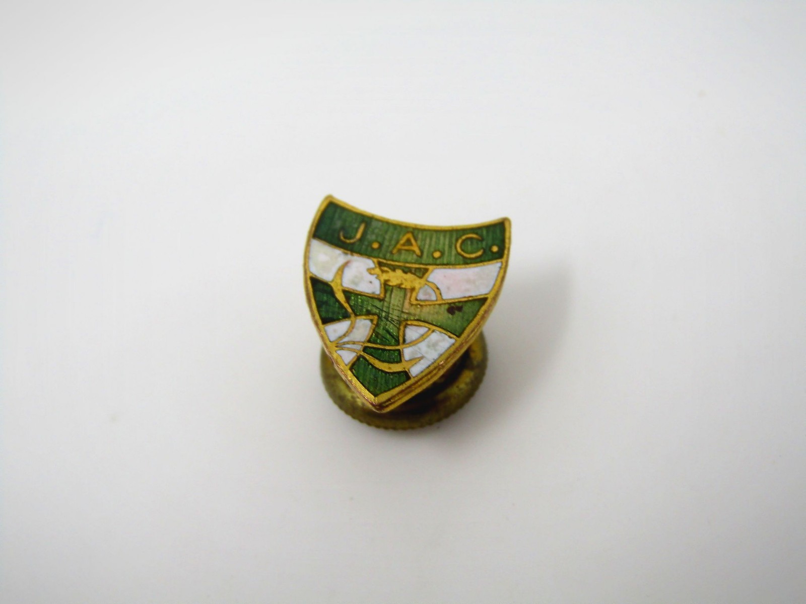 Vintage J.A.C. Enamel Lapel Pin Shield Crest Cross Green White Gold Tone
