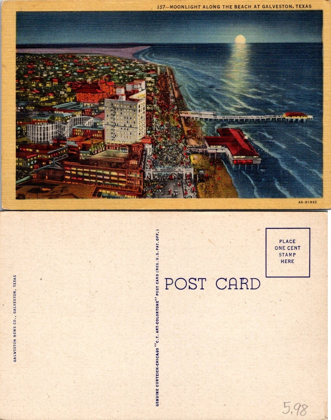 Galveston, TX Moonlight Along the Beach Night View Postcard 70147