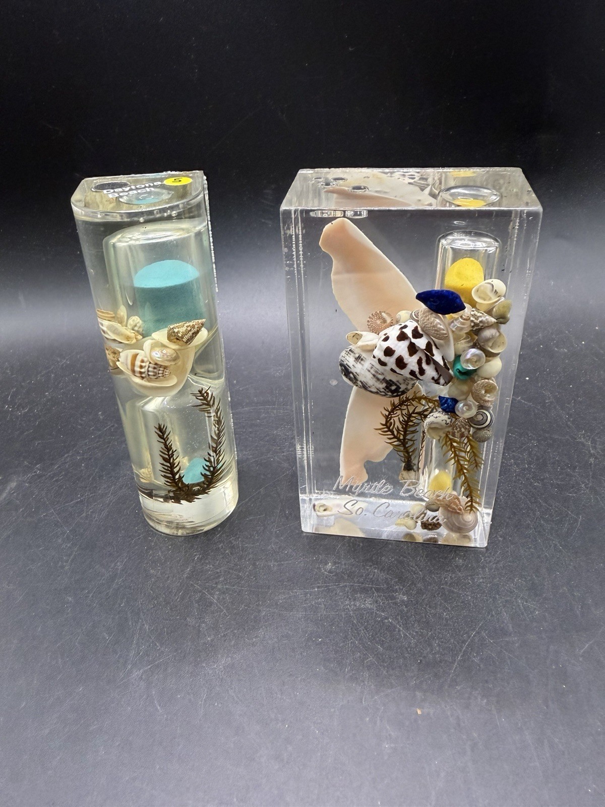 2 Vtg Lucite Seashell Sand Timer Hourglass Daytona Beach & Myrtle Beach