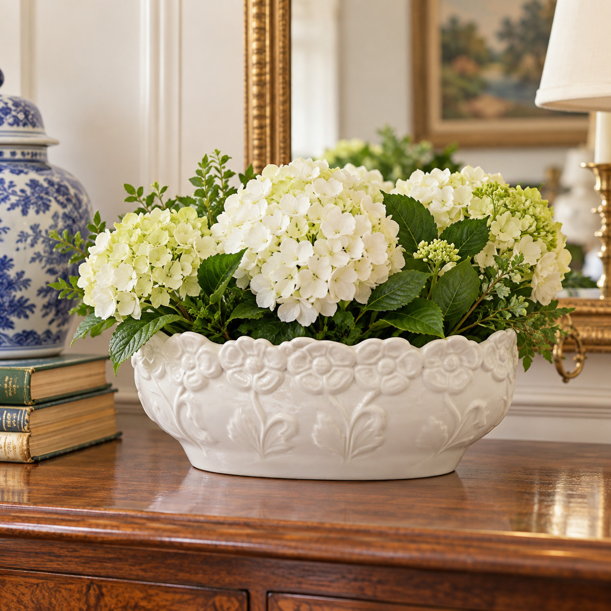 Portugal Large Oval Planter Cachepot White Ceramic Floral Relief Grandmillennial