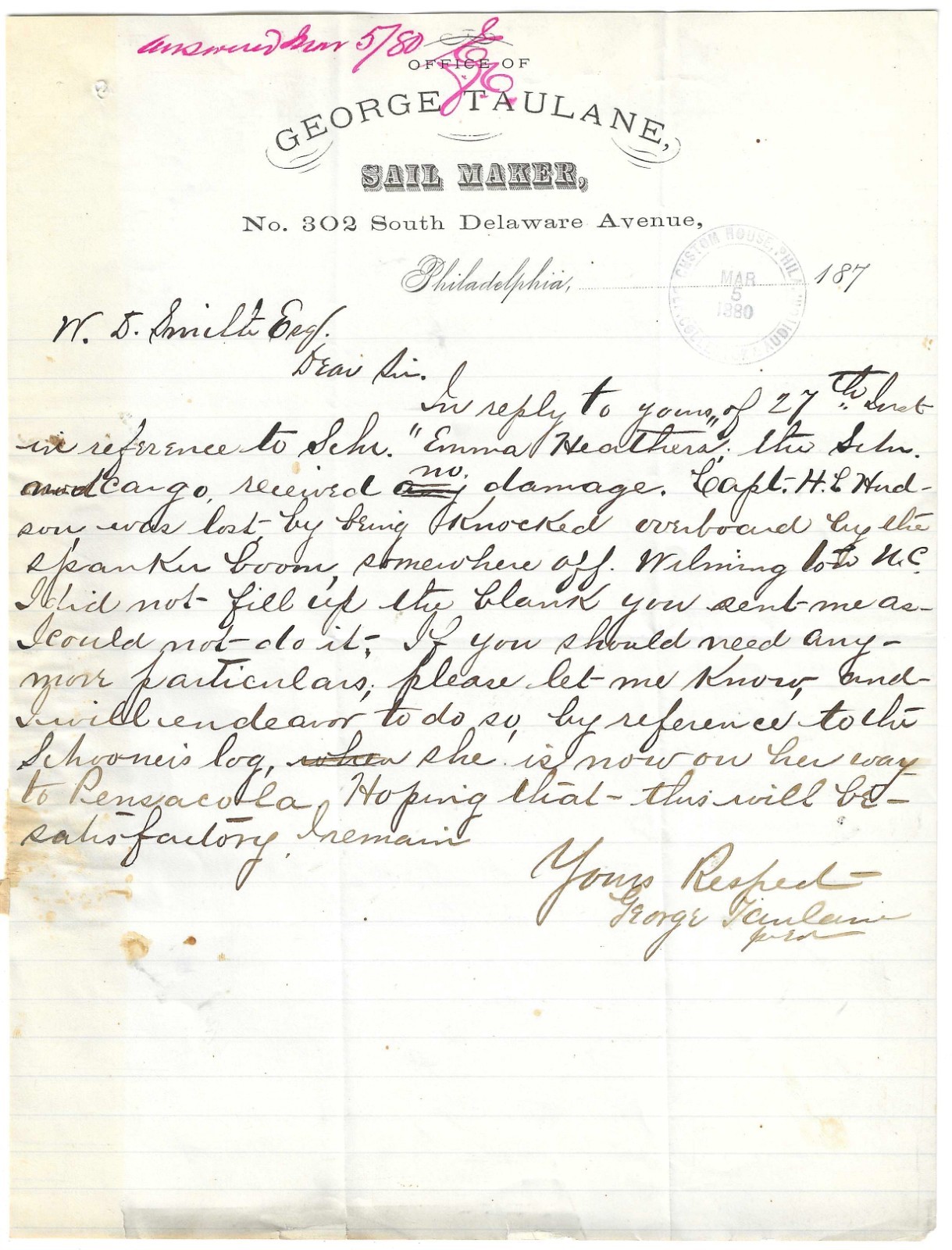 1880 George Taulane Sail Maker Letterhead Philadelphia PA Ship Capt Lost At Sea
