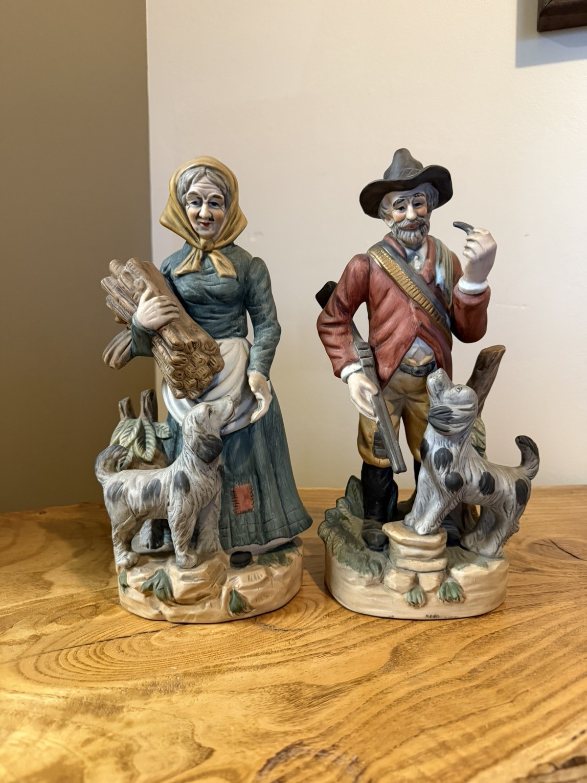 Vintage Two Fine Porcelain Bisque Figurines Old Man And Woman Made In Taiwan 12”