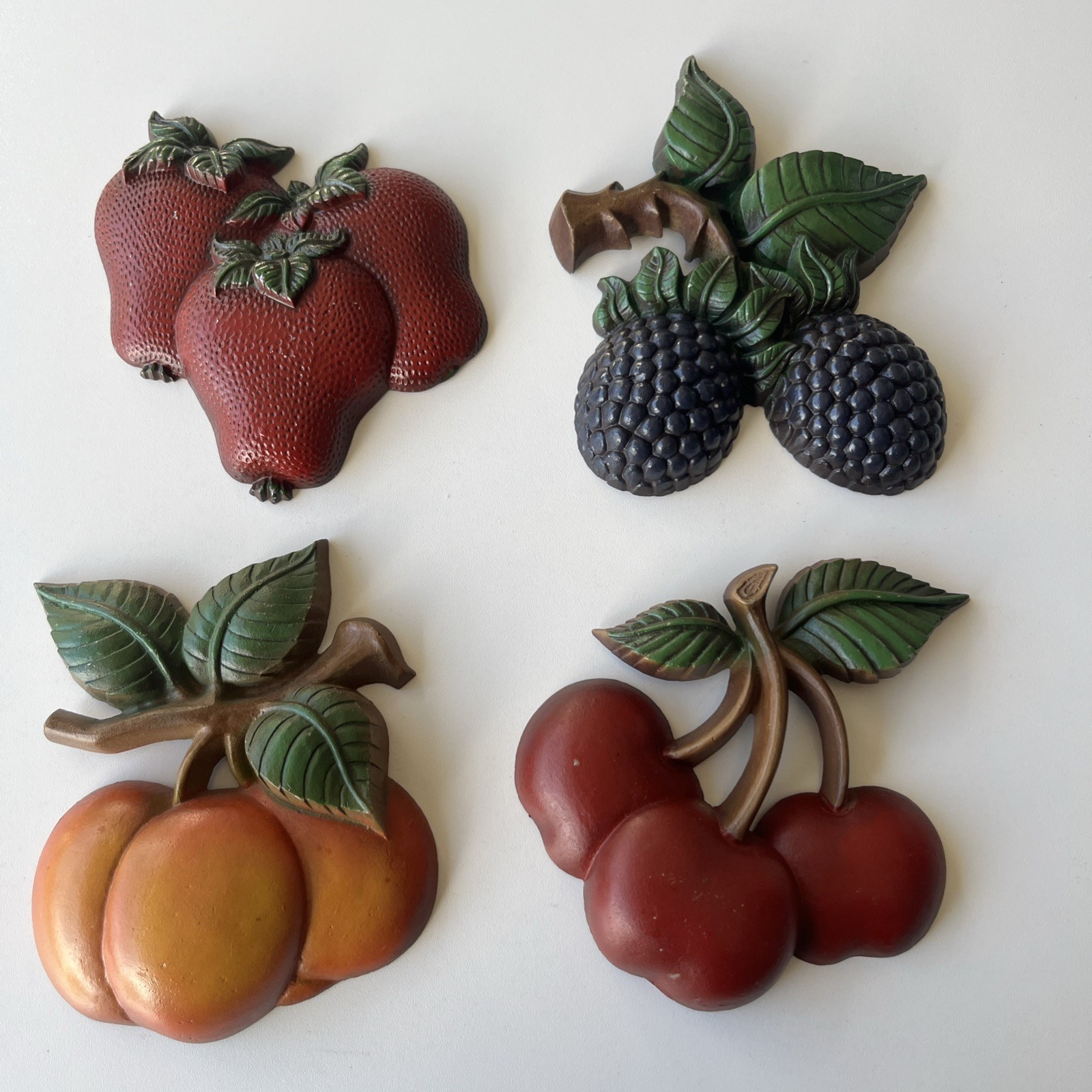 Vintage Sexton Metal Fruit Wall Plaques Set of 4 MCM Kitchen Decor 1969 USA
