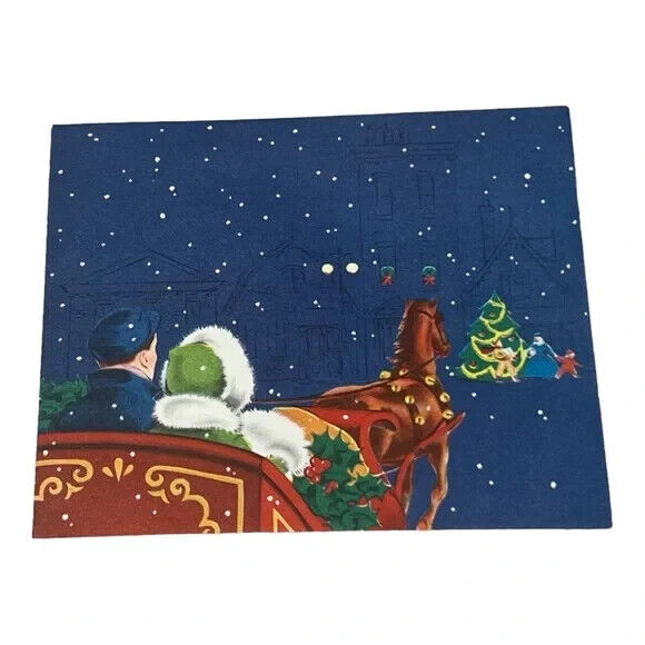 Norcross Night Time Couple in Sleigh Vintage Christmas Card Unused