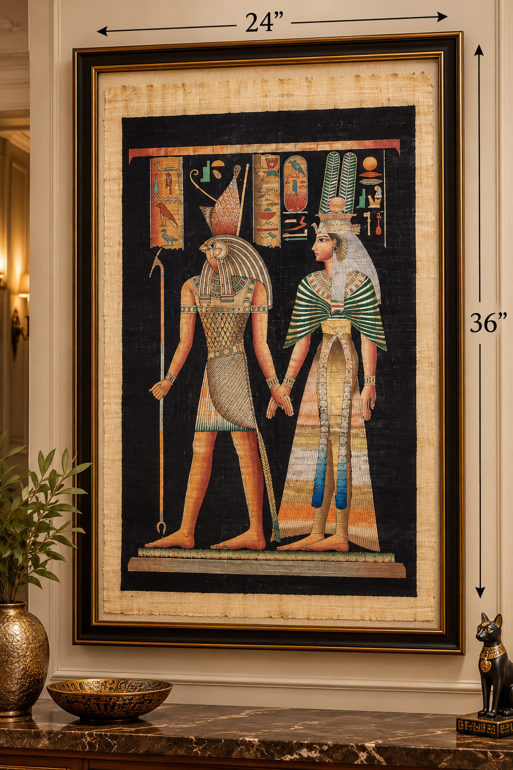 Large 36x24 Egyptian Papyrus Horus Queen Goddess Painting Signed Egypt 