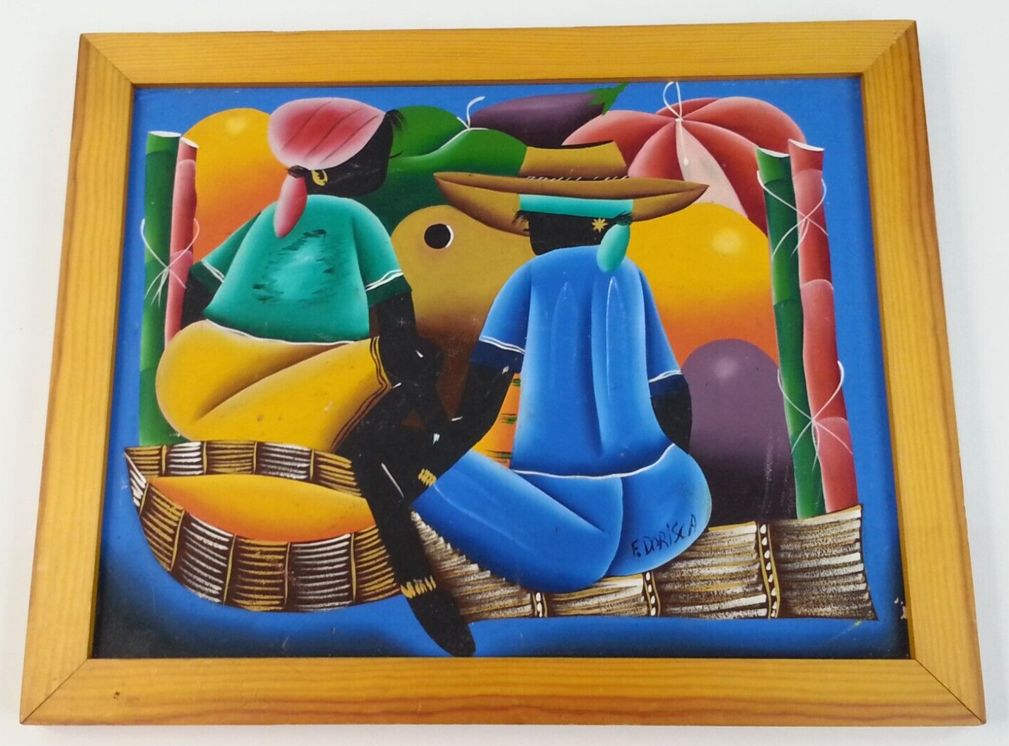 Vintage Original Caribbean Jamaica Painting People In Village Signed F. Dorisca