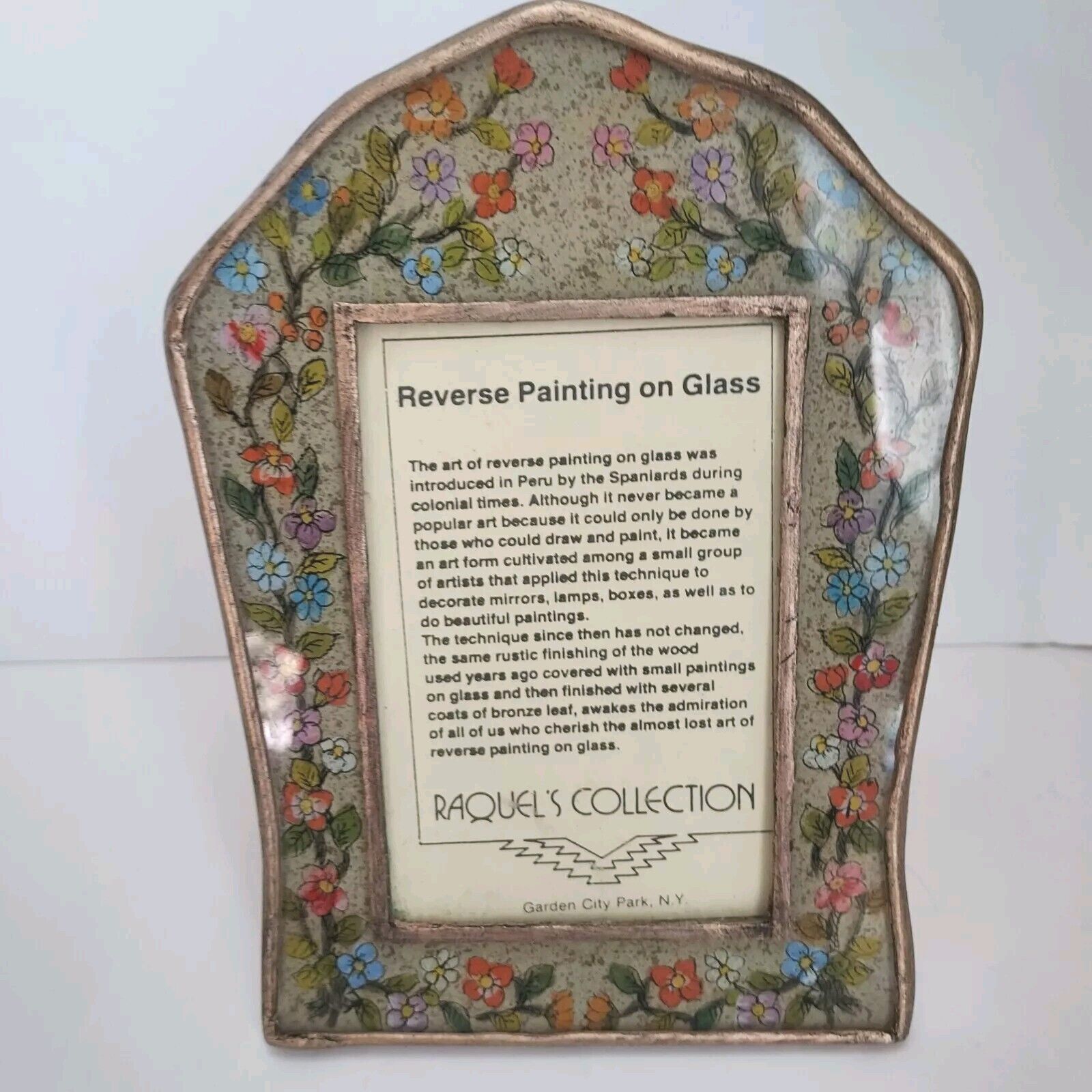 Vtg. Floral Reverse Painting On Glass Raquel's Collection Frame Hand Made Peru