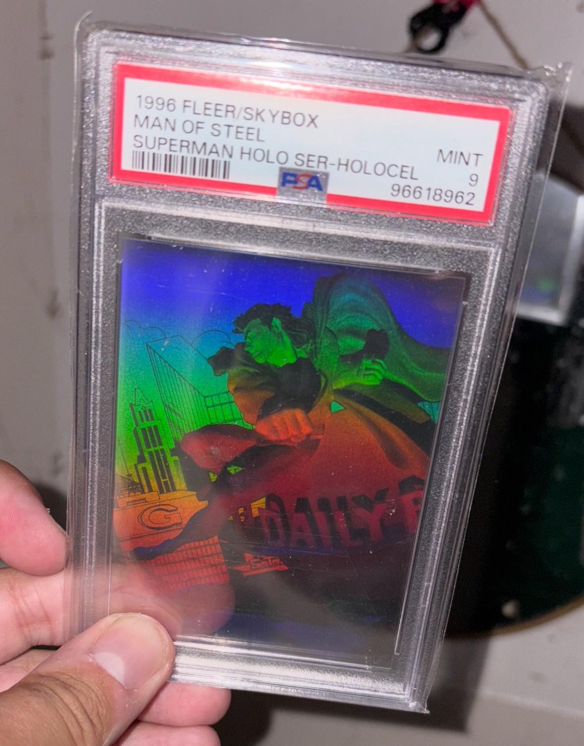 1996 Fleer/Skybox Man Of Steel/Superman Holocel Clear Card, PSA Graded Mint 9