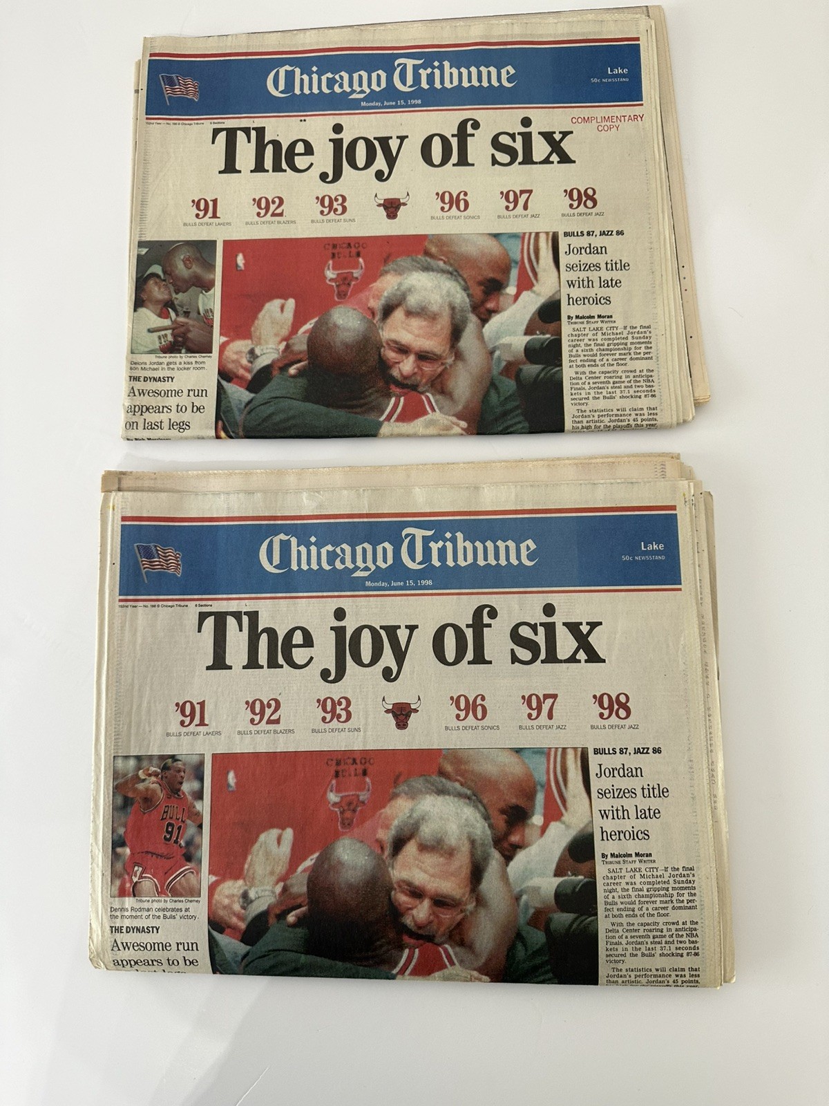 Vintage 1998 Chicago Tribune Joy of Six Newspaper Lot Michael Jordan Bulls (2)