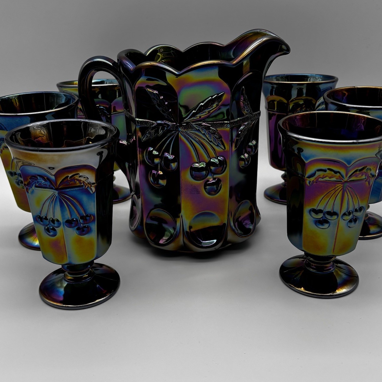Mosser Amethyst Carnival Glass Water Set Pitcher 6 Goblets Cherry Cable VTG Mosser Amethyst Carnival Glass Water Set Pitcher 6 Goblets Cherry Cable VTG