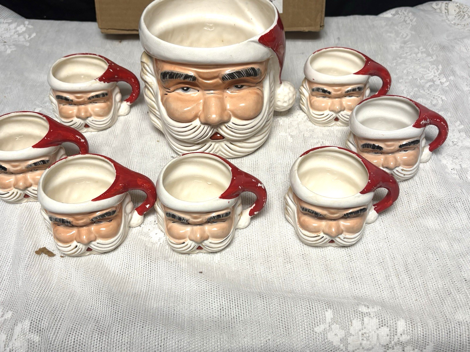 Vtg Ceramic Santa Claus Punch Bowl Set MCM Christmas Mugs Eggnog Story Box 8 Pc Vtg Ceramic Santa Claus Punch Bowl Set MCM Christmas Mugs Eggnog Story Box 8 Pc