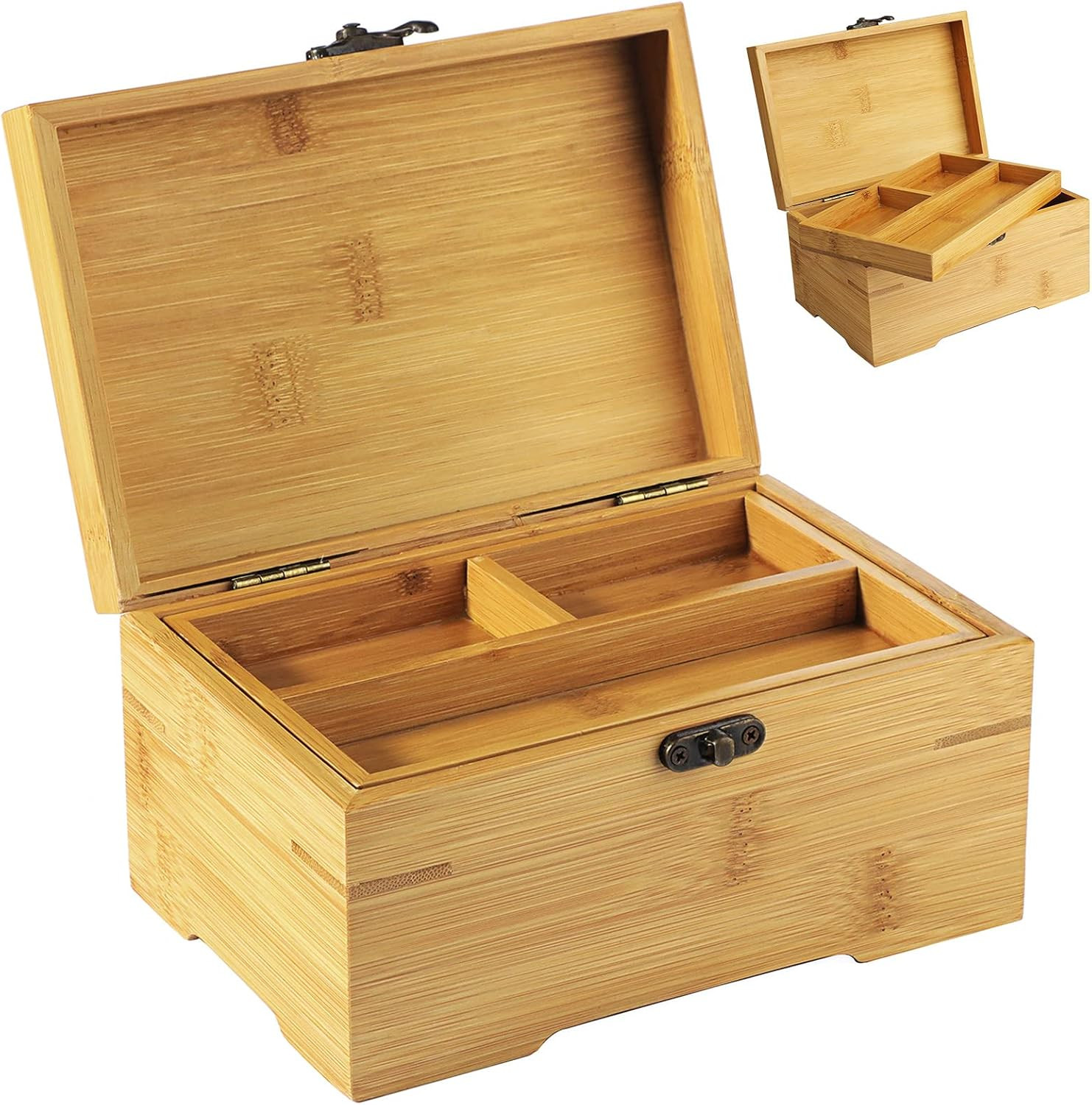 Large Wooden Box with Hinged Lid, Bamboo Wood Multi-Purpose Storage Box