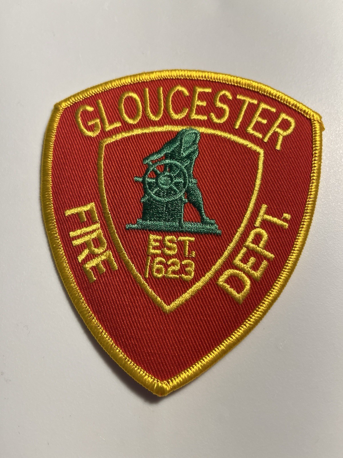 Gloucester Massachusetts Fire Department PATCH Man at the Wheel Red Yellow Vtg