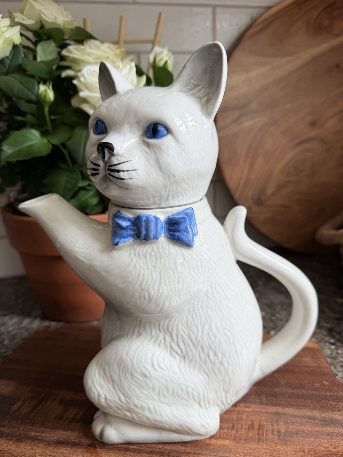 Vintage HJ Wood England Pussy Foot Cat Teapot White Blue Bow Tie - Original Ltd