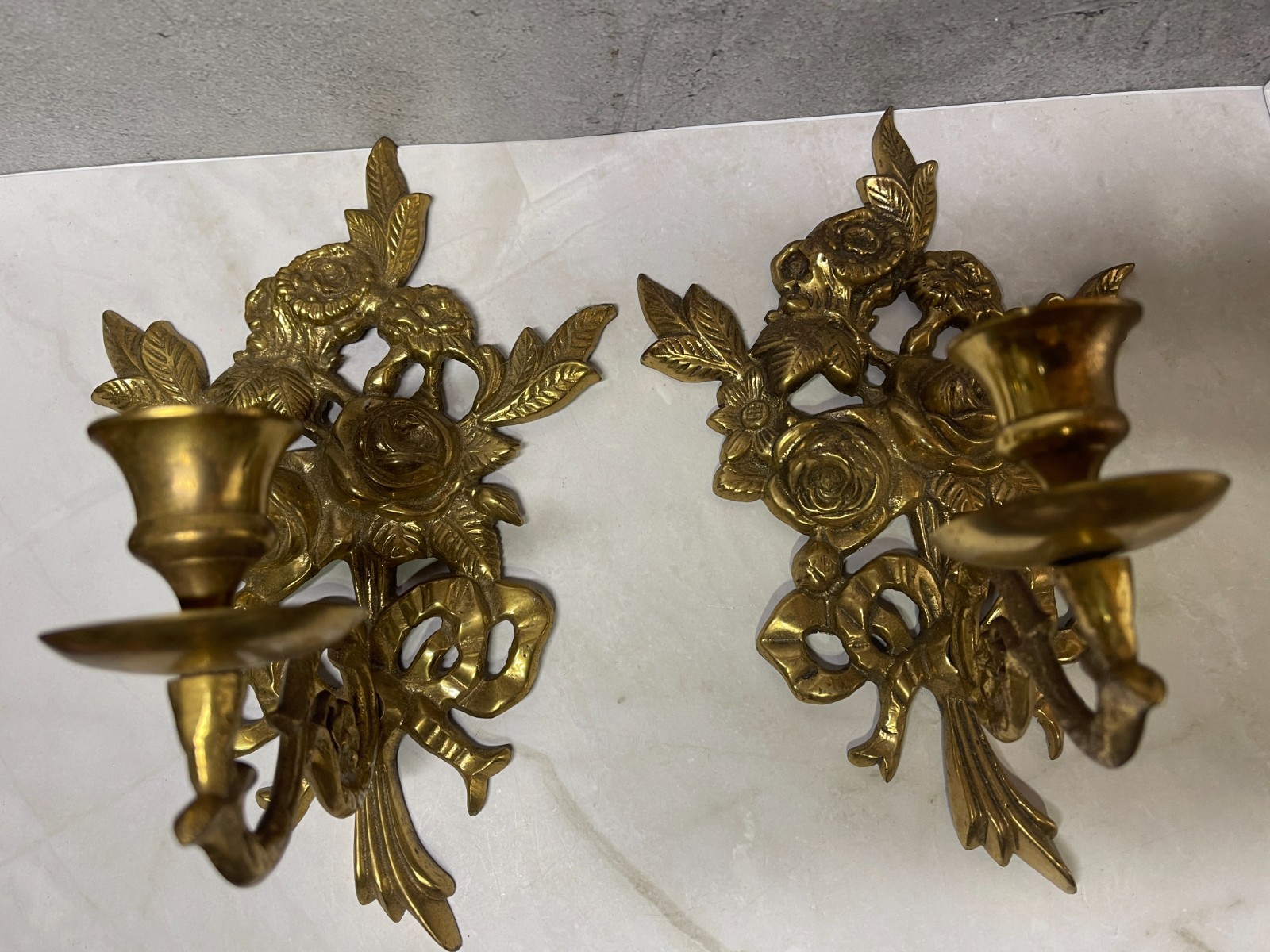 Hollywood Regency Brass Wall Candle Sconces Pair Ribbon Bow Rose Flower Vintage