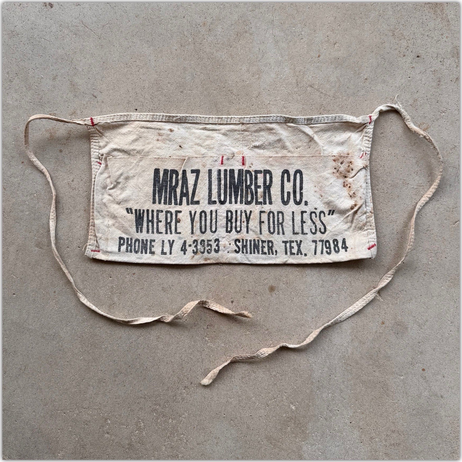 1950s Vtg Mraz Lumber Co SHINER TEXAS Advertising Canvas Nail Apron Workwear TX