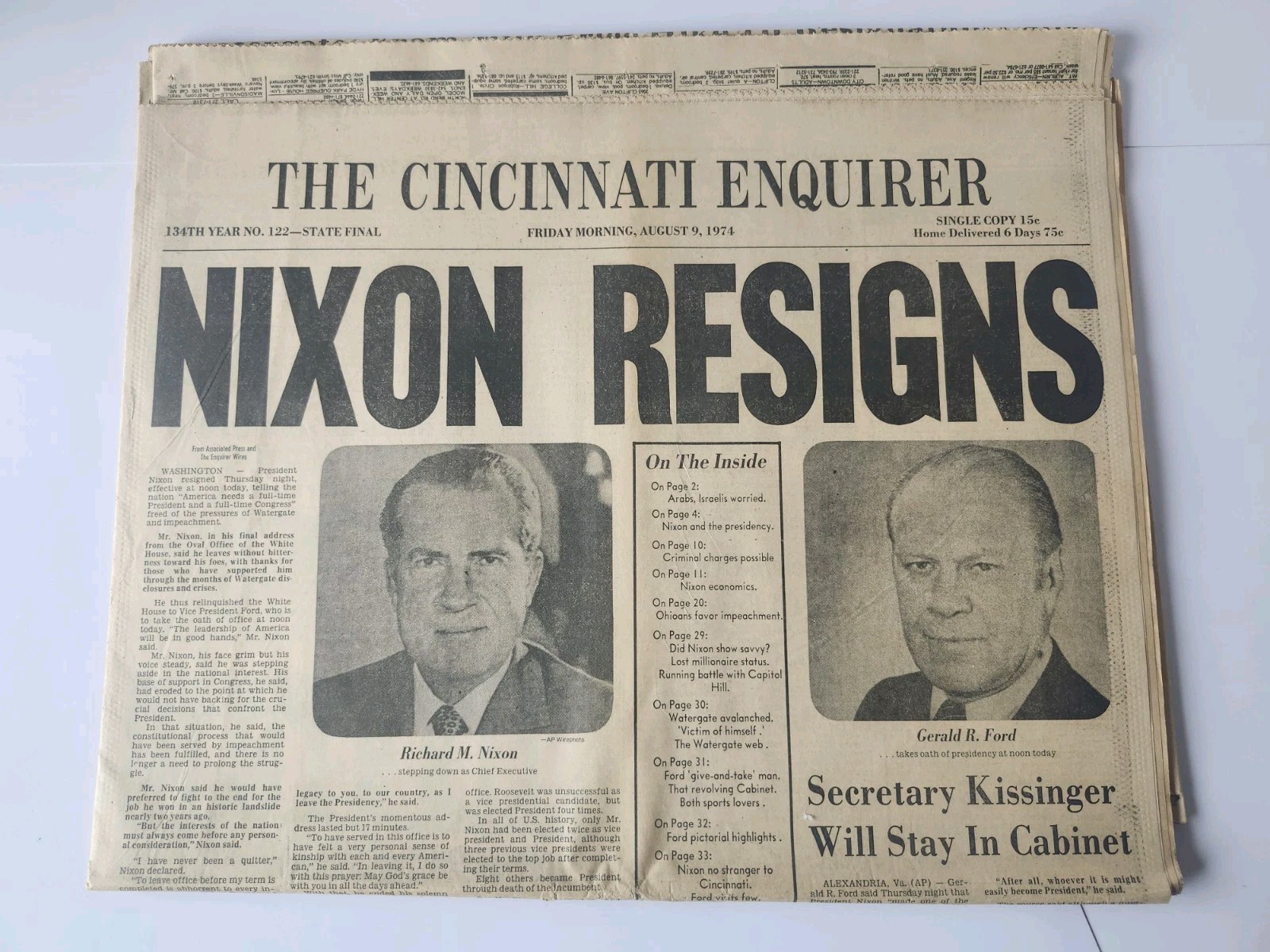 Cincinnati Enquirer August 9, 1974. President Nixon resigns