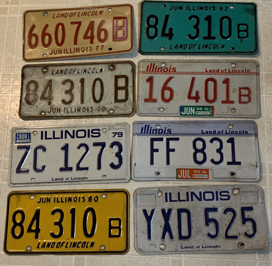 Vintage Lot of 8 ILLINOIS License Plates 1970\'s to 1990 Metal All Different