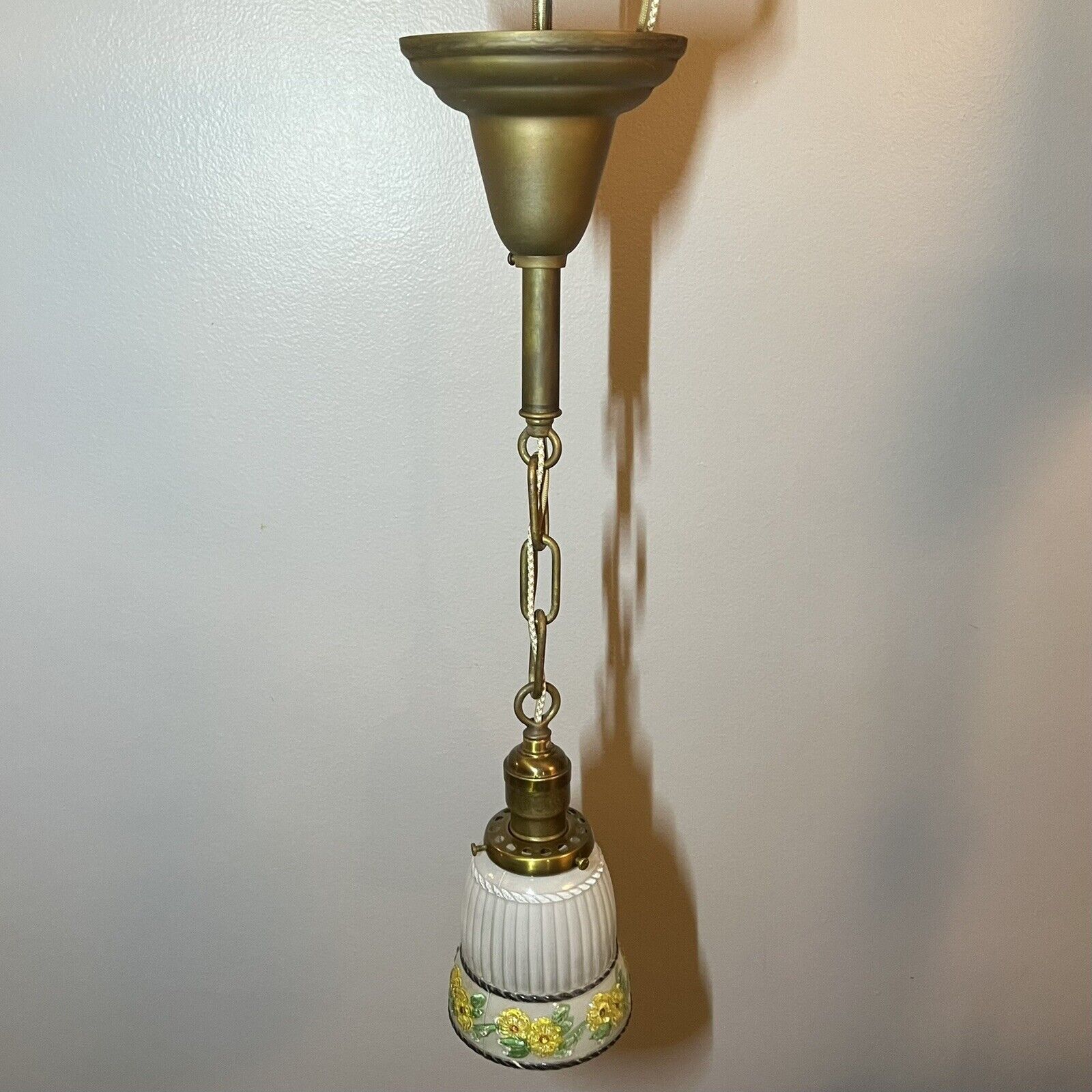 Single Brass Entry Pendant Light Fixture Unique Glass Shade Rewired Light 14G