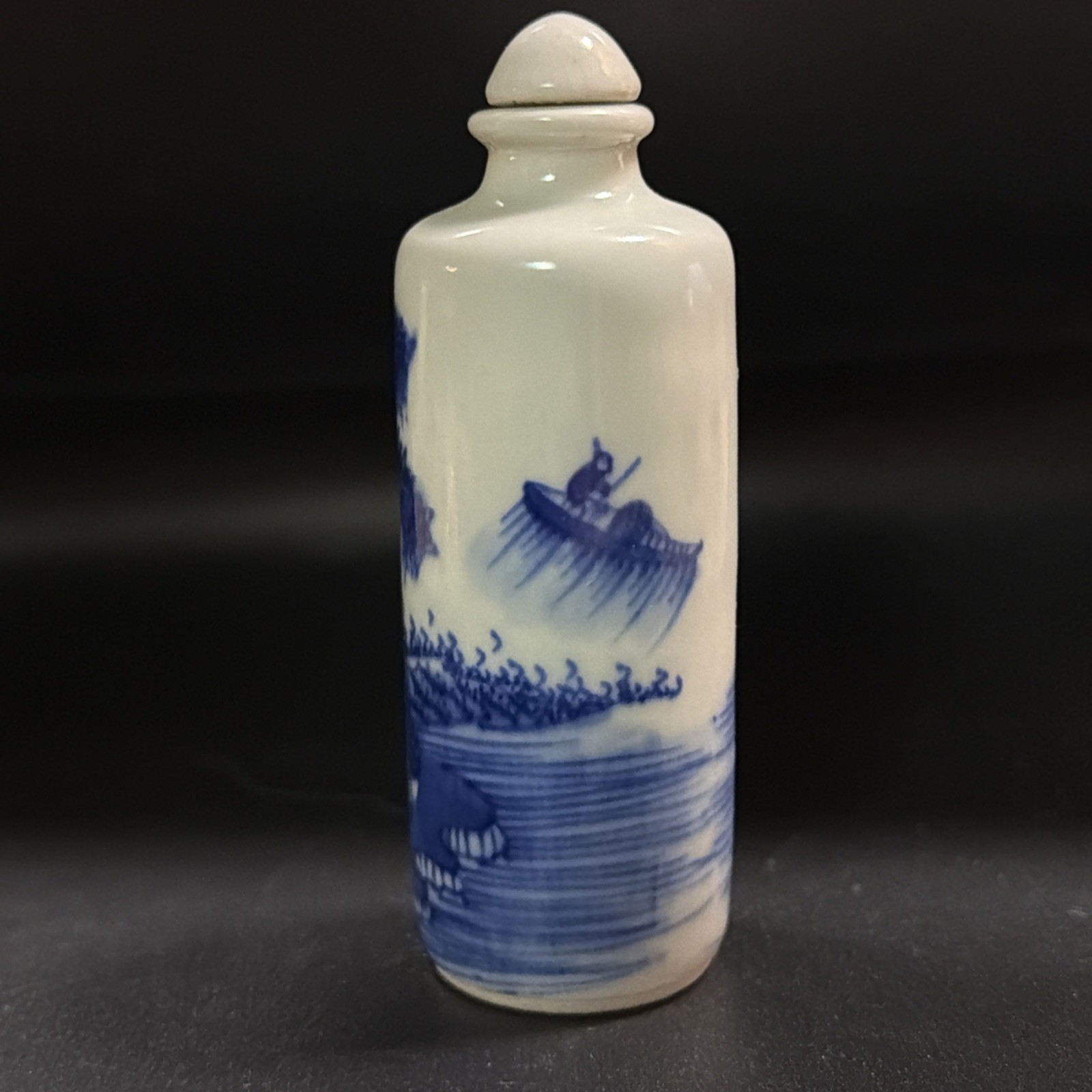 Chinese Blue & White Porcelain Snuff Bottle Republic Period Scholar/Boat 3.5”