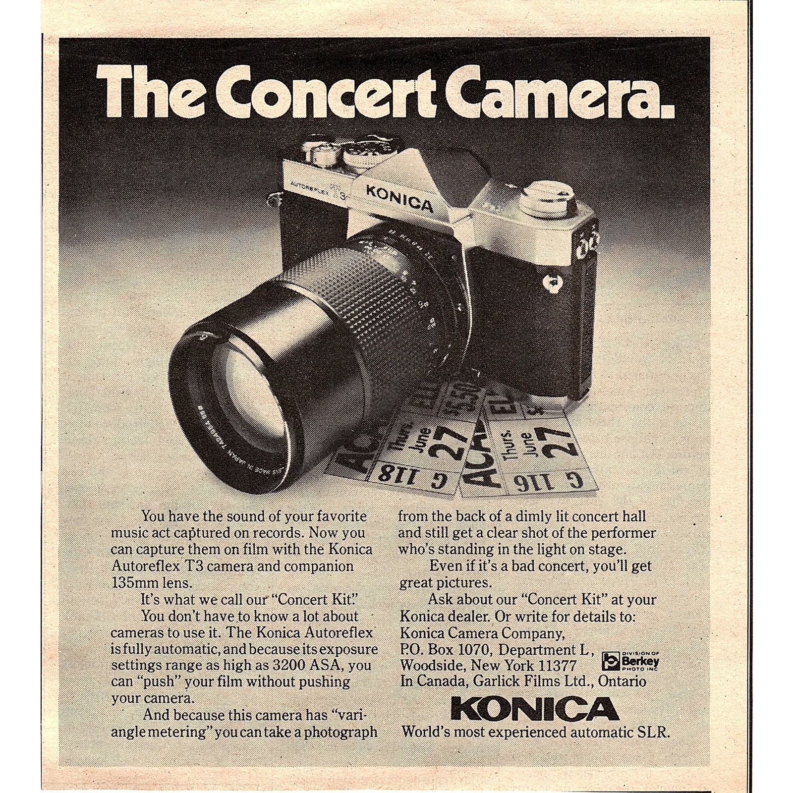 Konica Concert Camera Autoreflex T3 6.5x6 1974 Ad AF6-18 Konica Concert Camera Autoreflex T3 6.5x6 1974 Ad AF6-18