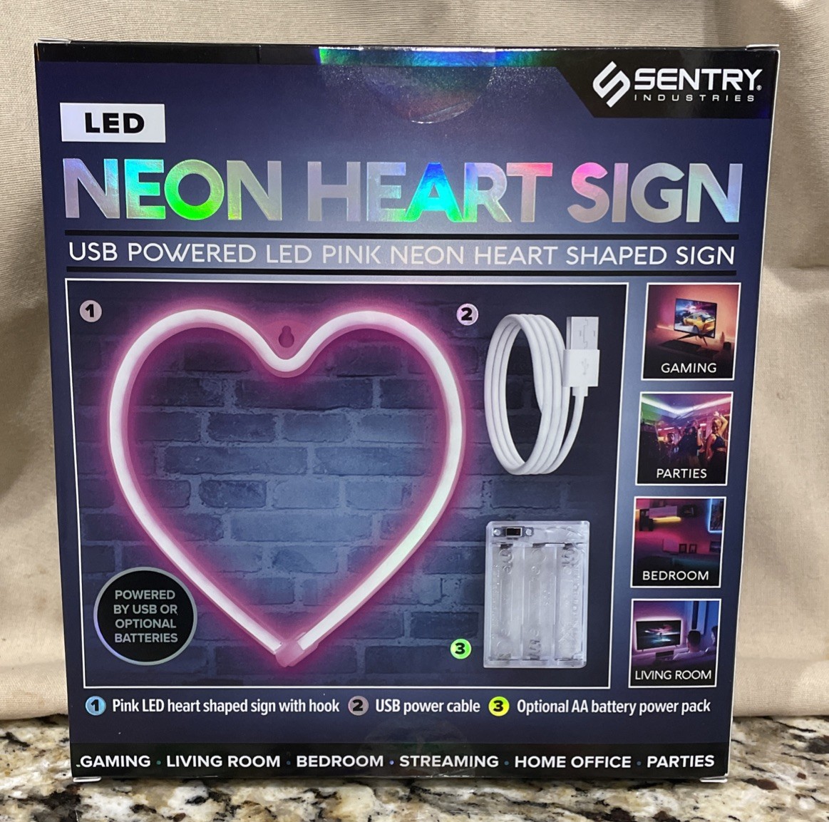 Sentry Industries Neon Heart Sign Pink LED USB Or Battery Powered Sealed Box