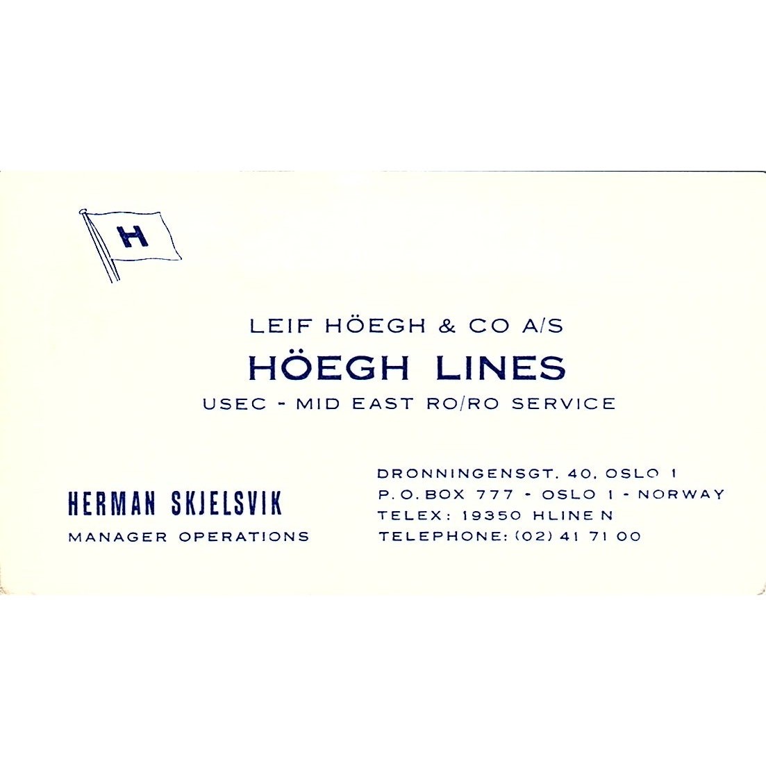 Leif Hoegh & Co A/S Herman Skjelsvik Oslo NOR Vintage Business Card SSB4-16