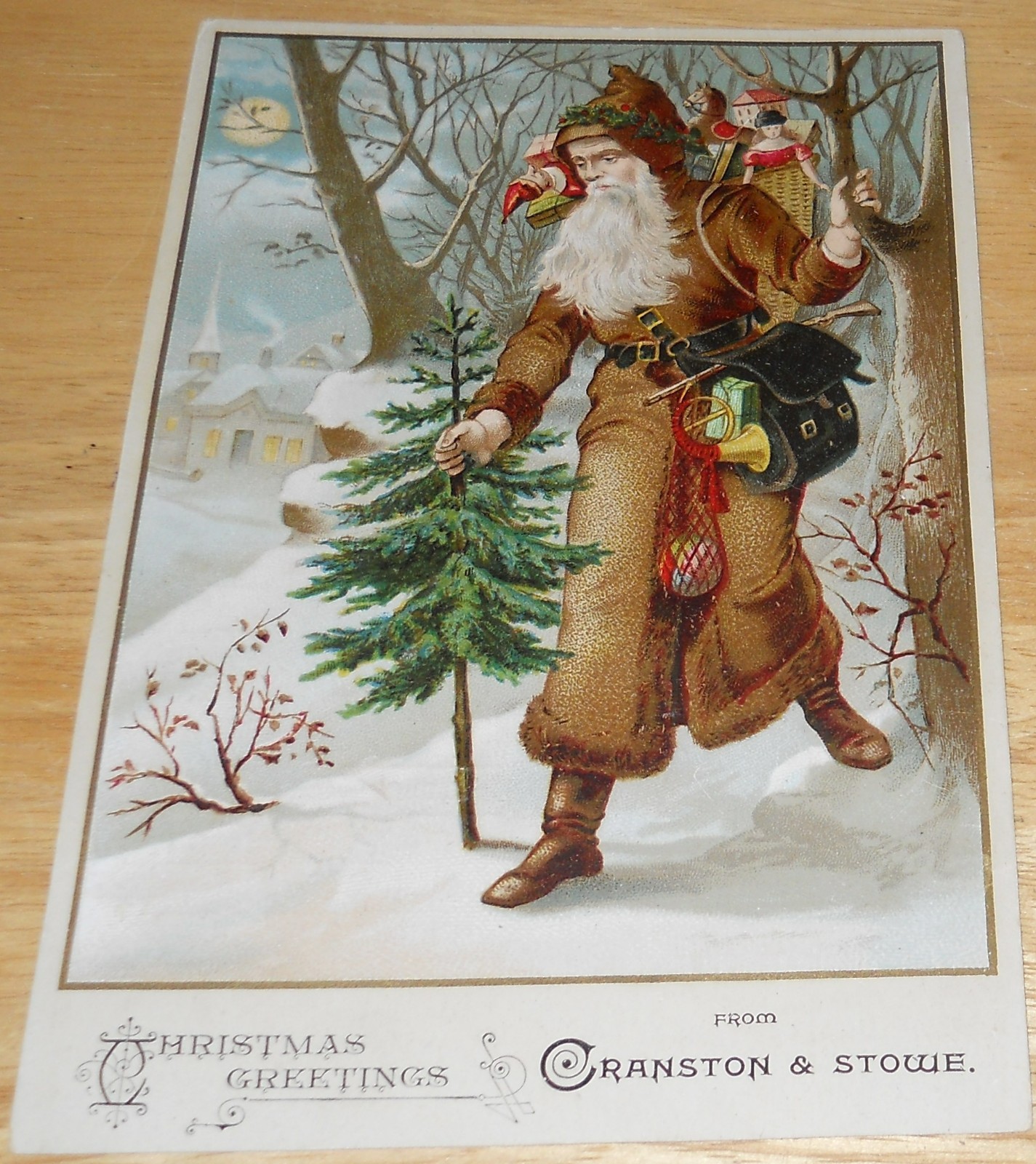 Victorian Trade Card Brown Coat Santa Claus w/Tree/Toys Cranston/Stowe Ohio